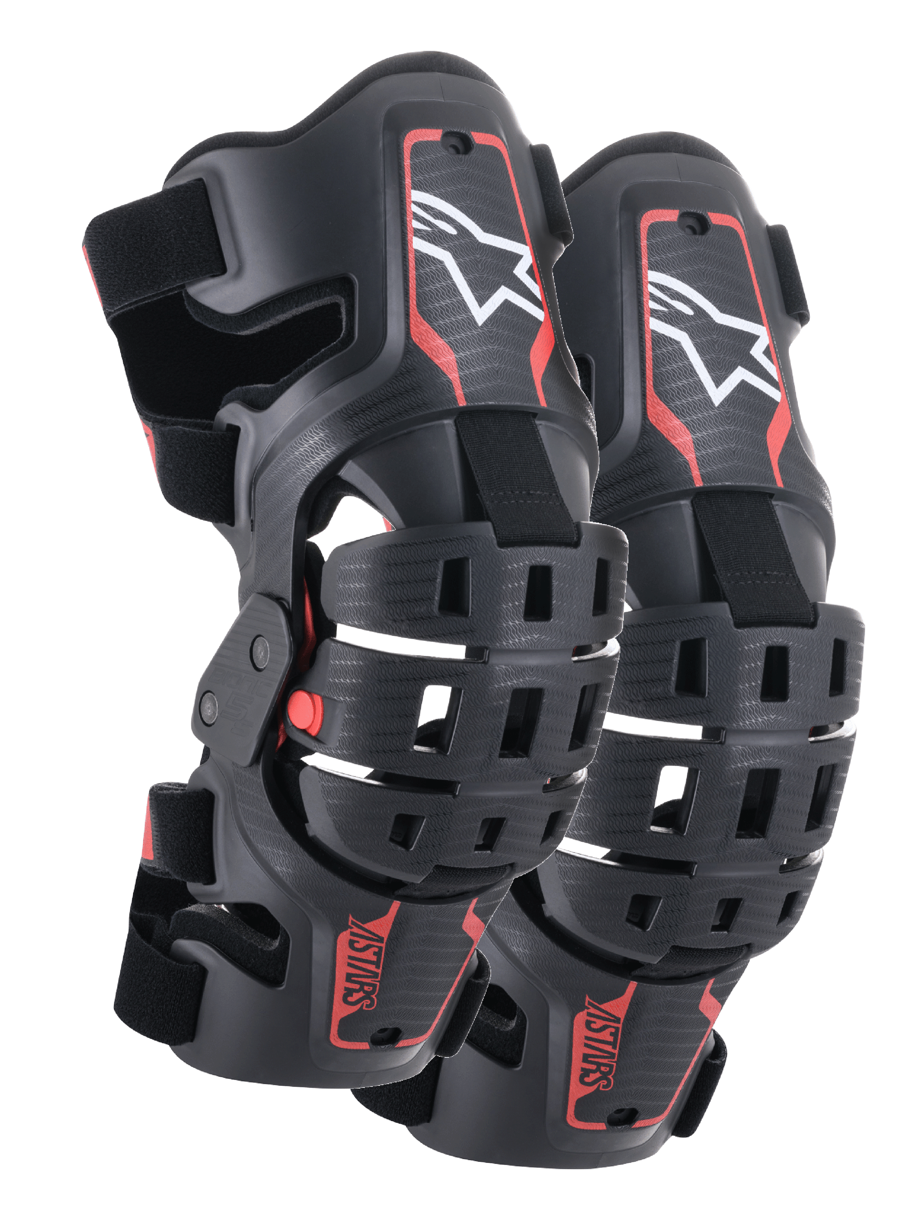 Alpinestars Youth Bionic 5S Knee Braces, ochraniacze kolan do motocrossu, czarno-czerwone, para ochraniaczy o hybrydowej konstrukcji ramy z wentylowanymi skorupami, białe logo Astar w górnej części, czerwony napis ASTARS w dolnej części oraz regulowane czarne paski zapewniające stabilne dopasowanie.