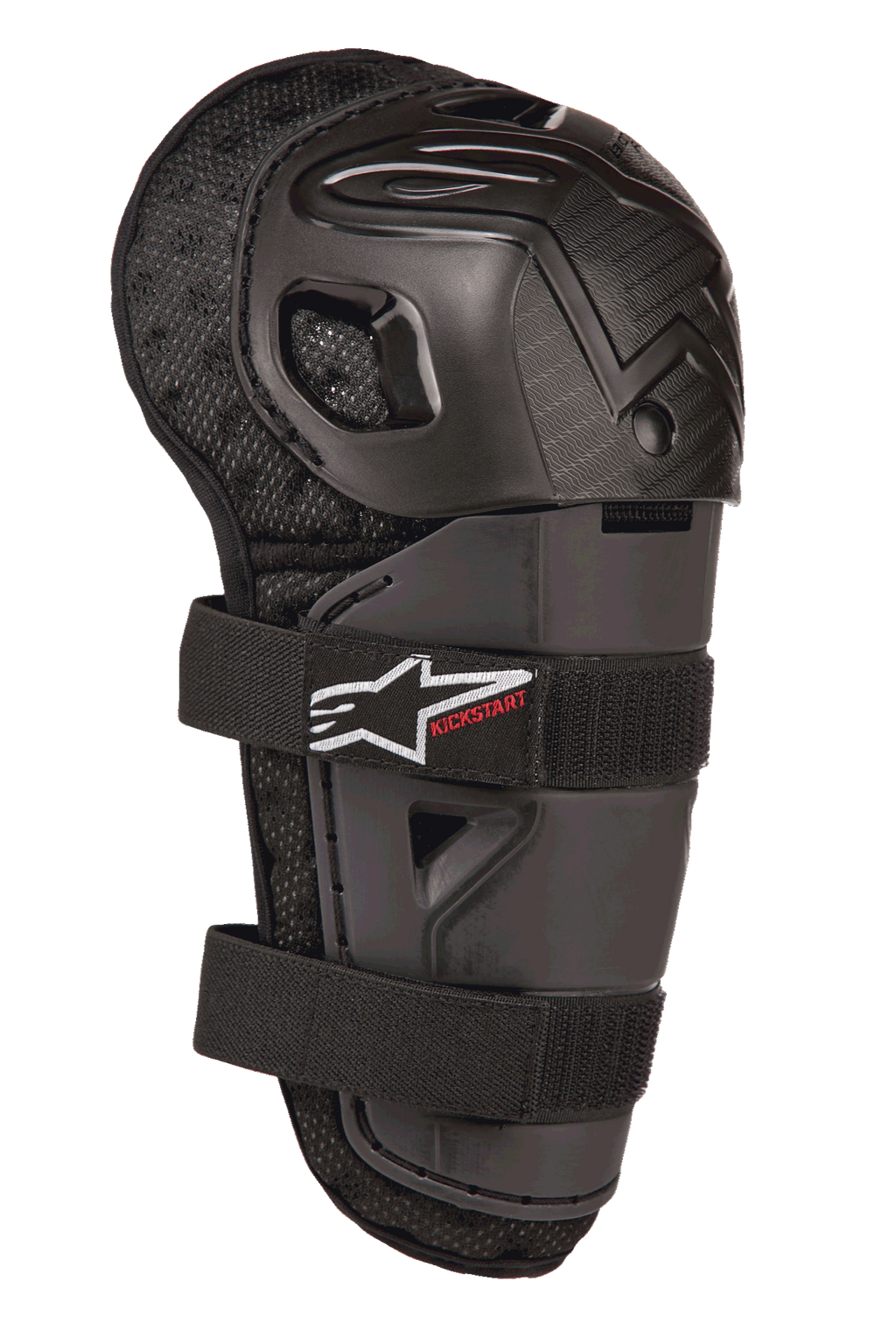Alpinestars Bionic Action Kickstart Knee Guard, młodzieżowy ochraniacz kolan i goleni do motocrossu, czarny, z przegubową plastikową skorupą, podwójne zapięcie na elastyczne paski z białym logo i czerwonym napisem Kickstart, wyściełany spód z siateczki