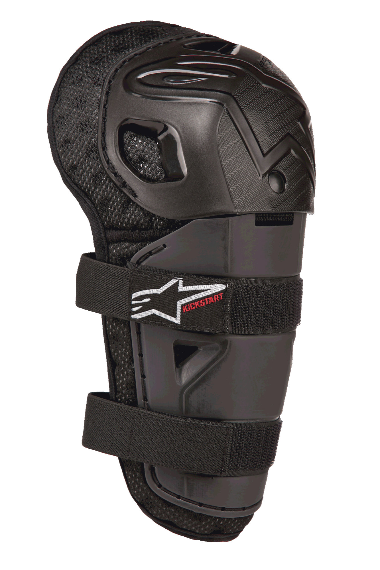 Alpinestars Bionic Action Kickstart Knee Guard, młodzieżowy ochraniacz kolan i goleni do motocrossu, czarny, z przegubową plastikową skorupą, podwójne zapięcie na elastyczne paski z białym logo i czerwonym napisem Kickstart, wyściełany spód z siateczki