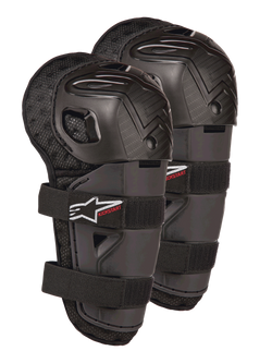 Alpinestars Bionic Action Kickstart Knee Guards, młodzieżowe ochraniacze kolan i goleni do motocrossu, czarne z czerwonym logo KICKSTART, przegubowa plastikowa skorupa i podwójne elastyczne paski, sprzęt ochronny dla młodych zawodników off-road