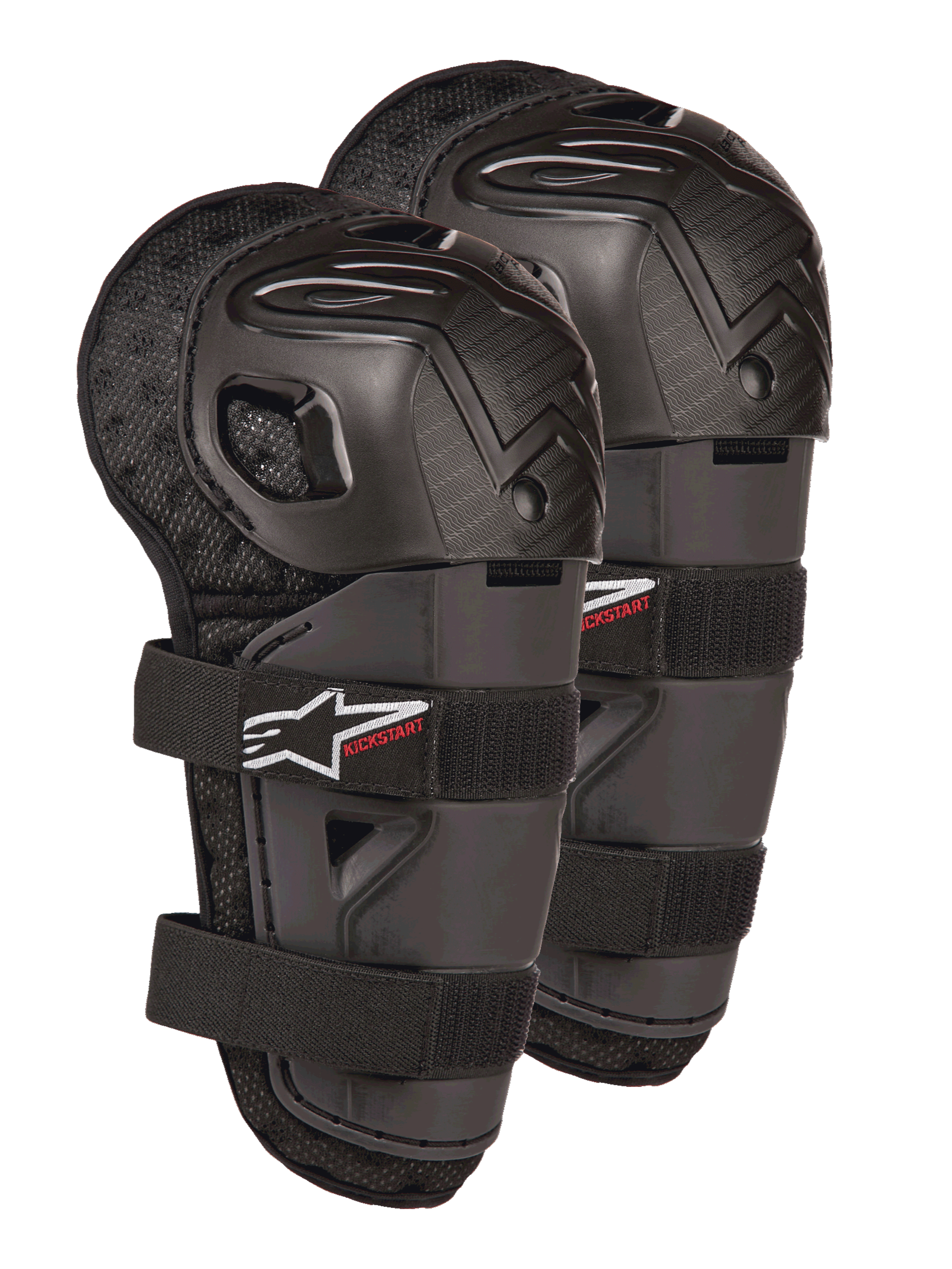 Alpinestars Bionic Action Kickstart Knee Guards, młodzieżowe ochraniacze kolan i goleni do motocrossu, czarne z czerwonym logo KICKSTART, przegubowa plastikowa skorupa i podwójne elastyczne paski, sprzęt ochronny dla młodych zawodników off-road