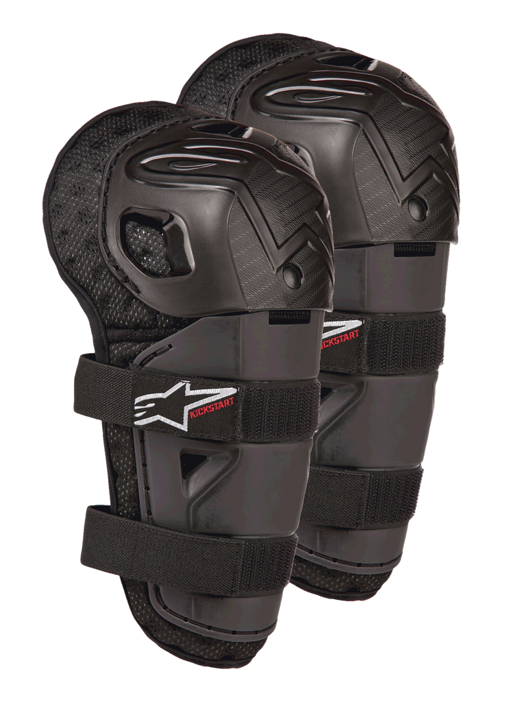 Alpinestars Bionic Action Kickstart Knee Guards, młodzieżowe ochraniacze kolan i goleni do motocrossu, czarne z czerwonym logo KICKSTART, przegubowa plastikowa skorupa i podwójne elastyczne paski, sprzęt ochronny dla młodych zawodników off-road