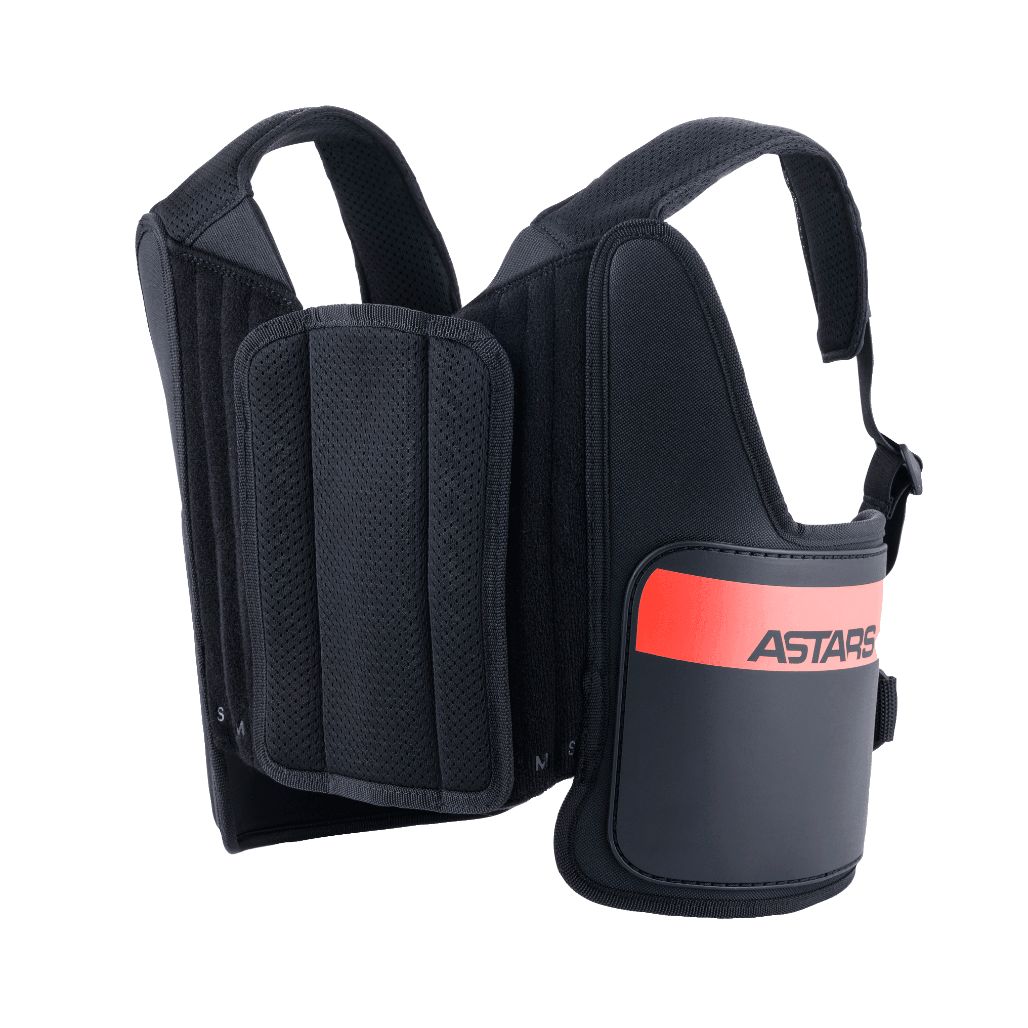 Alpinestars Youth Bionic Rib Support, młodzieżowy ochraniacz żeber do kartingu, czarny z czerwonymi akcentami, regulowane siateczkowe paski na ramiona, wyściełany panel centralny, sztywne panele boczne z logo ASTARS, lekka ergonomiczna konstrukcja ochronna dla młodych kierowców