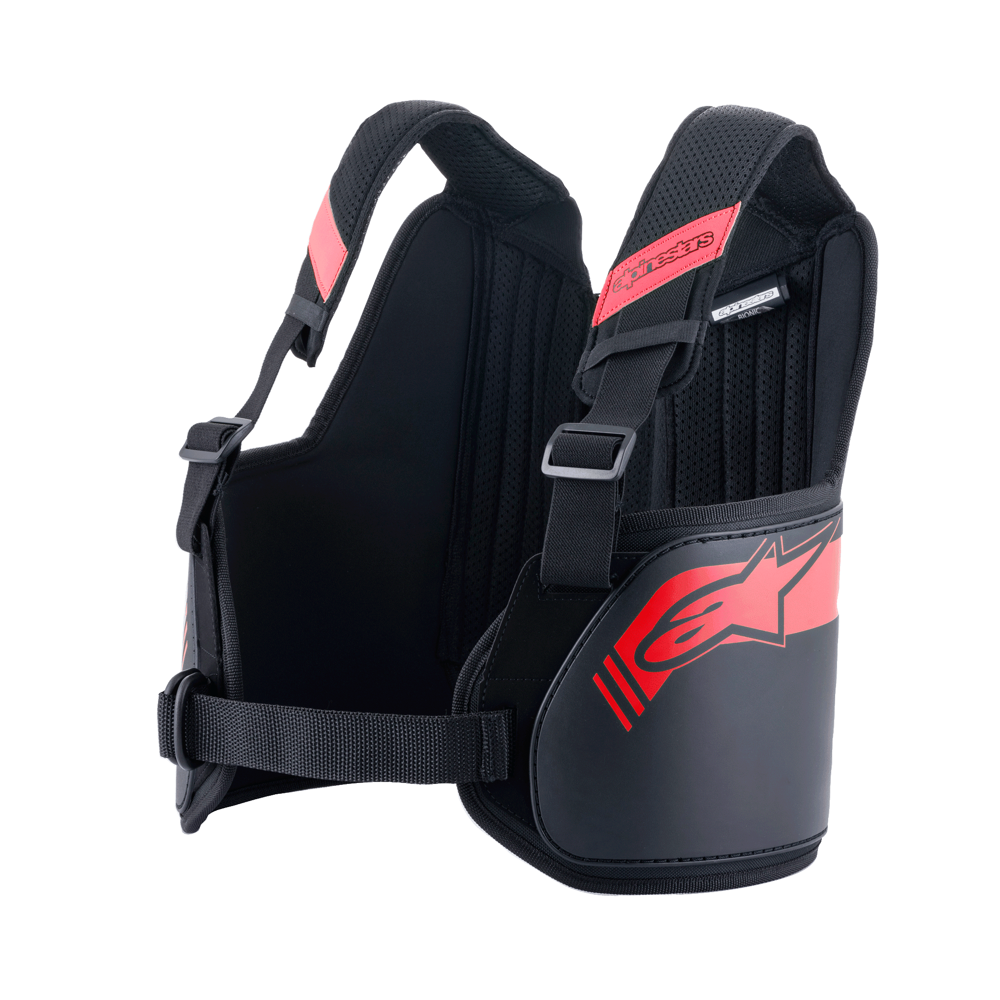 Alpinestars Youth Bionic Rib Support, czarno-czerwony ochraniacz żeber do kartingu, wyposażony w regulowane paski naramienne z siatki 3D, twarde panele boczne z czerwonym logo gwiazdy oraz regulowany pasek w talii zapewniający stabilne dopasowanie