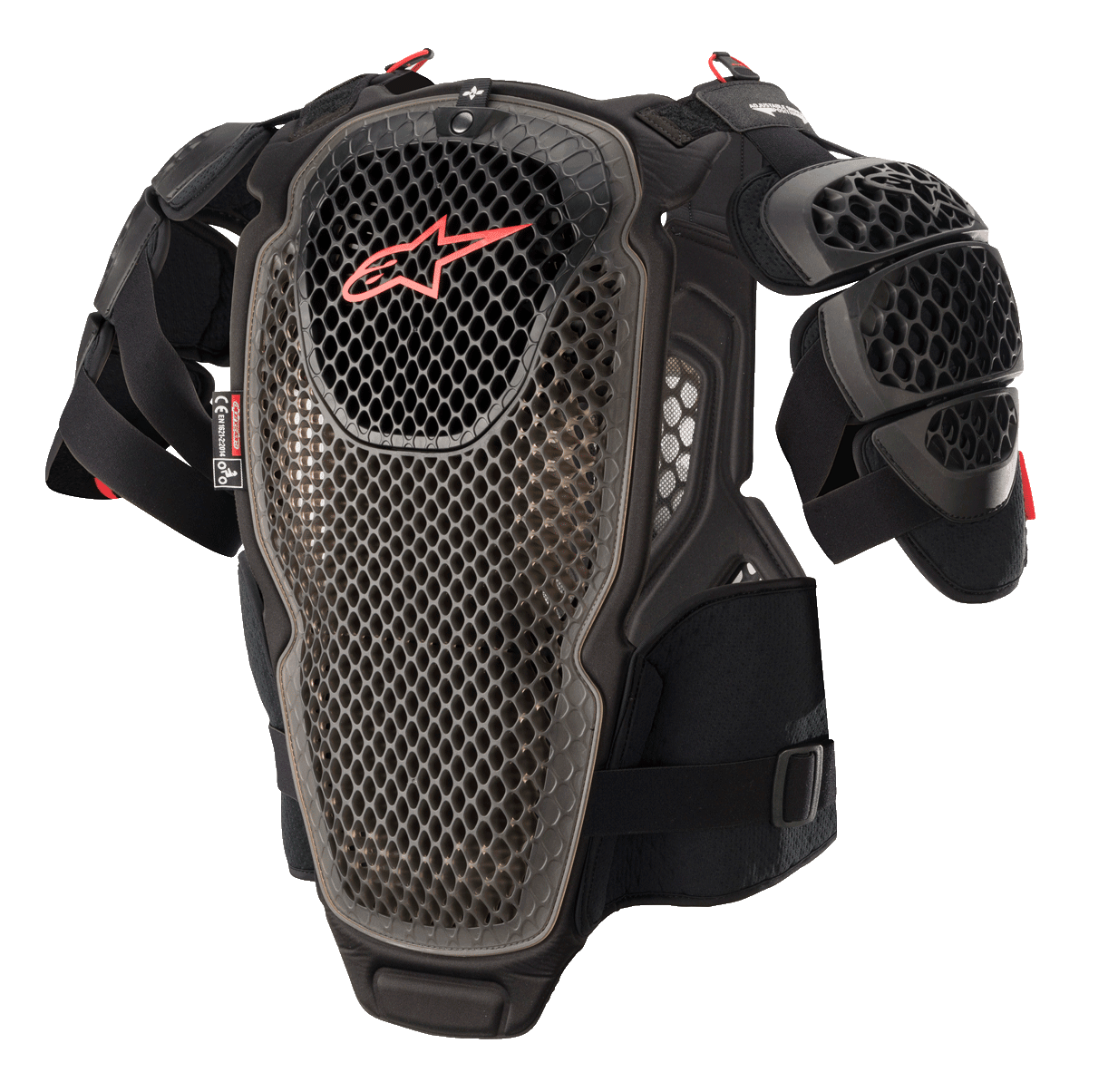 Alpinestars A-6 Chest Protector, Motocross Body Armor, Black Anthracite and Red, featuring perforated cell technology plates, red Alpinestars logo on the chest, adjustable straps and removable shoulder guards, protective off-road gear