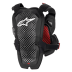 Alpinestars A-1 Pro Chest Protector, antracytowy, czarny i czerwony, widok z tyłu przedstawiający panel ochraniacza pleców, perforowana technologia Polyhedron zapewniająca wentylację, białe logo Astars, czerwona wewnętrzna wyściółka o strukturze plastra miodu, motocyklowy sprzęt ochronny off-road
