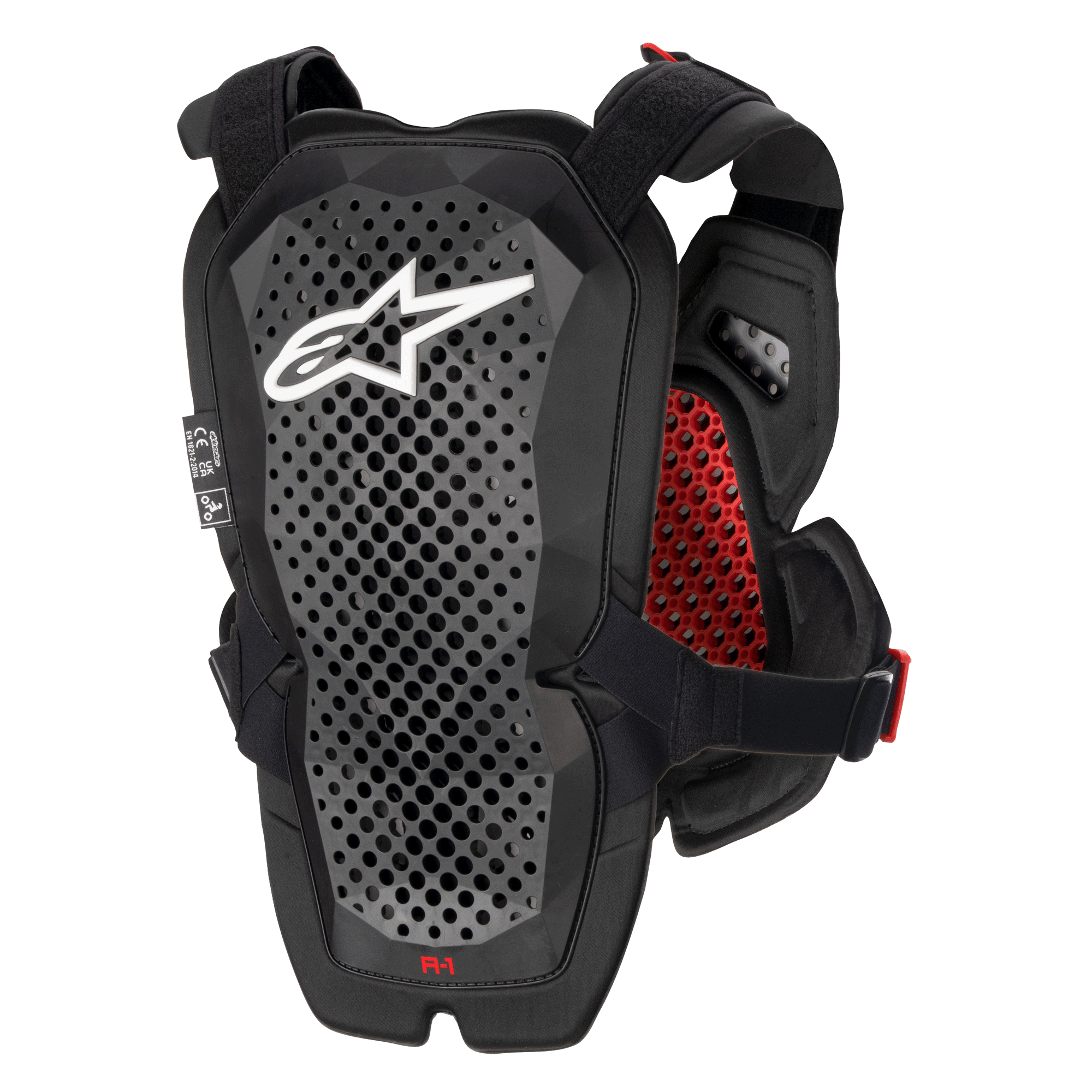 Alpinestars A-1 Pro Chest Protector, antracytowy, czarny i czerwony, widok z tyłu przedstawiający panel ochraniacza pleców, perforowana technologia Polyhedron zapewniająca wentylację, białe logo Astars, czerwona wewnętrzna wyściółka o strukturze plastra miodu, motocyklowy sprzęt ochronny off-road