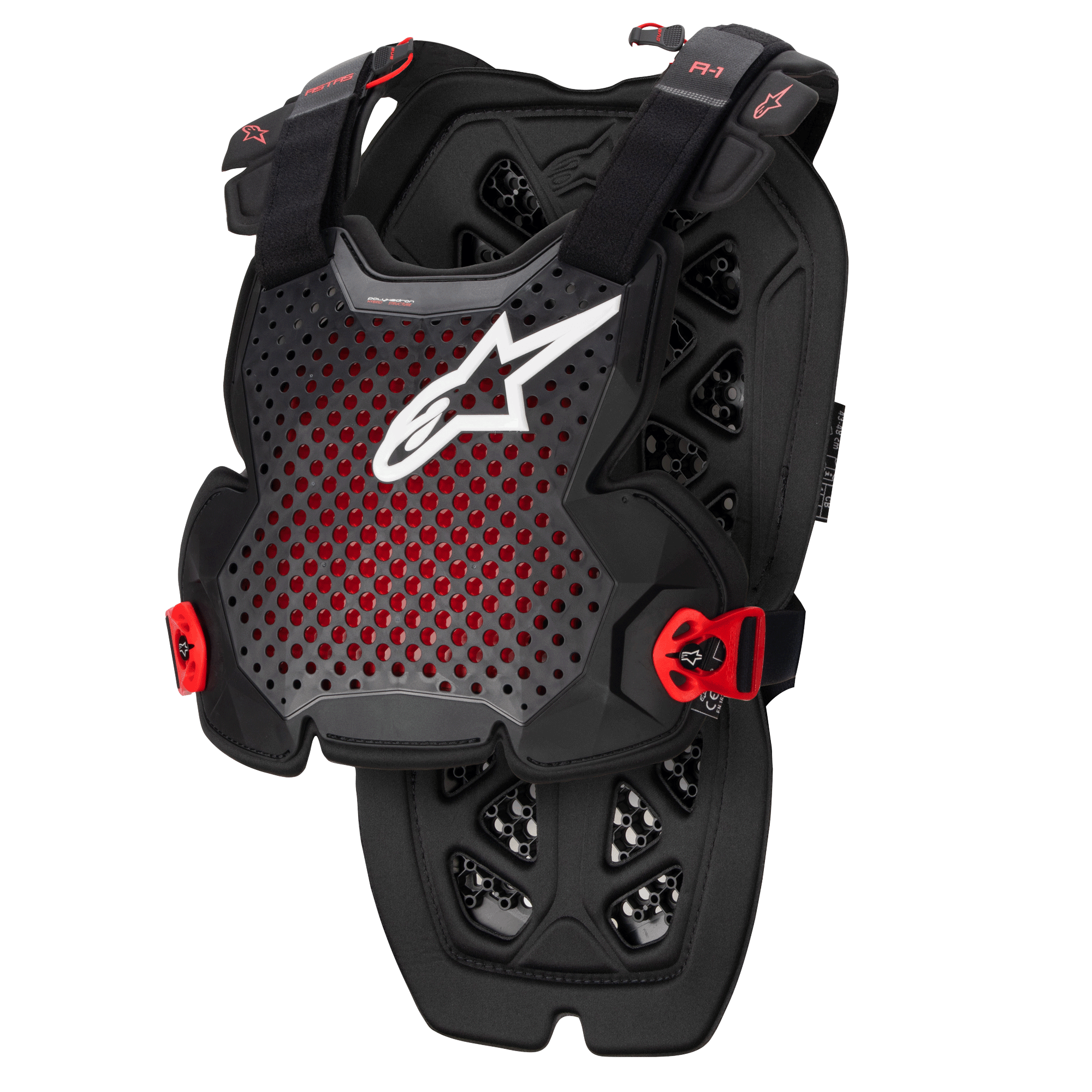 Alpinestars A-1 Pro Chest Protector, ochraniacz klatki piersiowej, antracytowo-czarny i czerwony, perforowana oddychająca konstrukcja z białym logo, regulowane paski z czerwonymi klamrami, sześciokątny wzór wentylacyjny, lekki pancerz ochronny do motocrossu i jazdy off-road