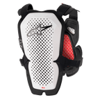Alpinestars A-1 Pro Chest Protector, biało-czarny z czerwonymi akcentami, perforowany panel tylny dla wentylacji, czerwona wyściółka wewnętrzna o strukturze plastra miodu, lekki sprzęt ochronny do motocrossu