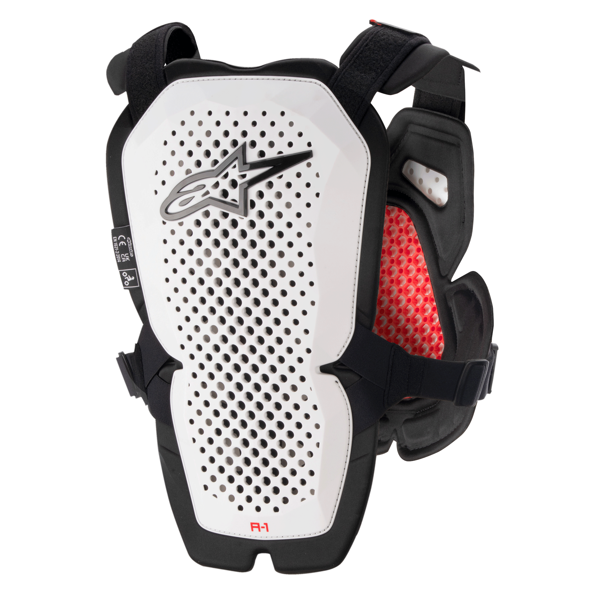 Alpinestars A-1 Pro Chest Protector, biało-czarny z czerwonymi akcentami, perforowany panel tylny dla wentylacji, czerwona wyściółka wewnętrzna o strukturze plastra miodu, lekki sprzęt ochronny do motocrossu