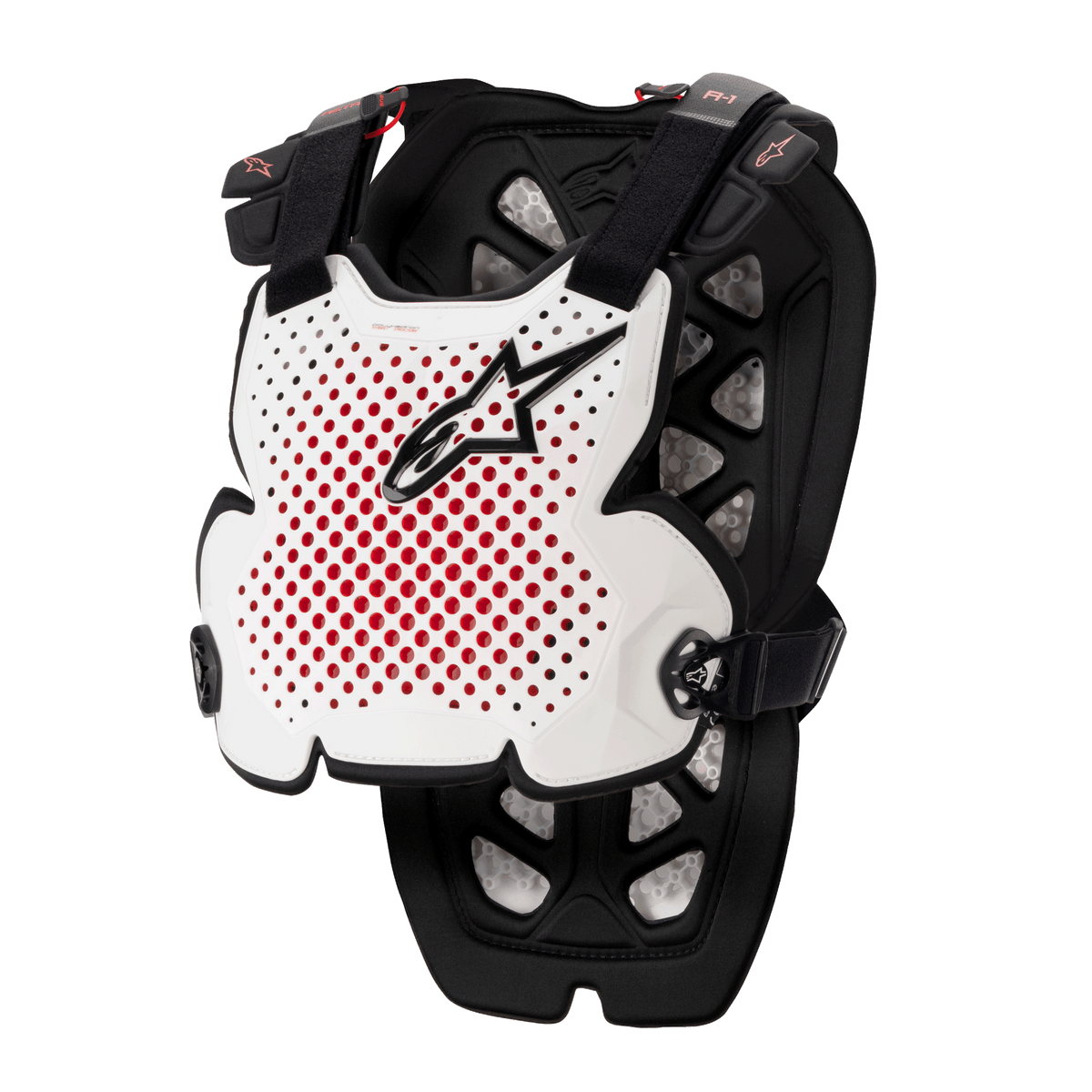 Alpinestars A-1 Pro Chest Protector, zbroja motocrossowa, biało-czarno-czerwona, perforowana wentylacja z czerwonym wnętrzem, czarne logo z gwiazdą, regulowane czarne paski, lekka wyściółka ochronna do wyścigów terenowych