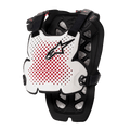 Alpinestars A-1 Pro Chest Protector, zbroja motocrossowa, biało-czarno-czerwona, perforowana wentylacja z czerwonym wnętrzem, czarne logo z gwiazdą, regulowane czarne paski, lekka wyściółka ochronna do wyścigów terenowych