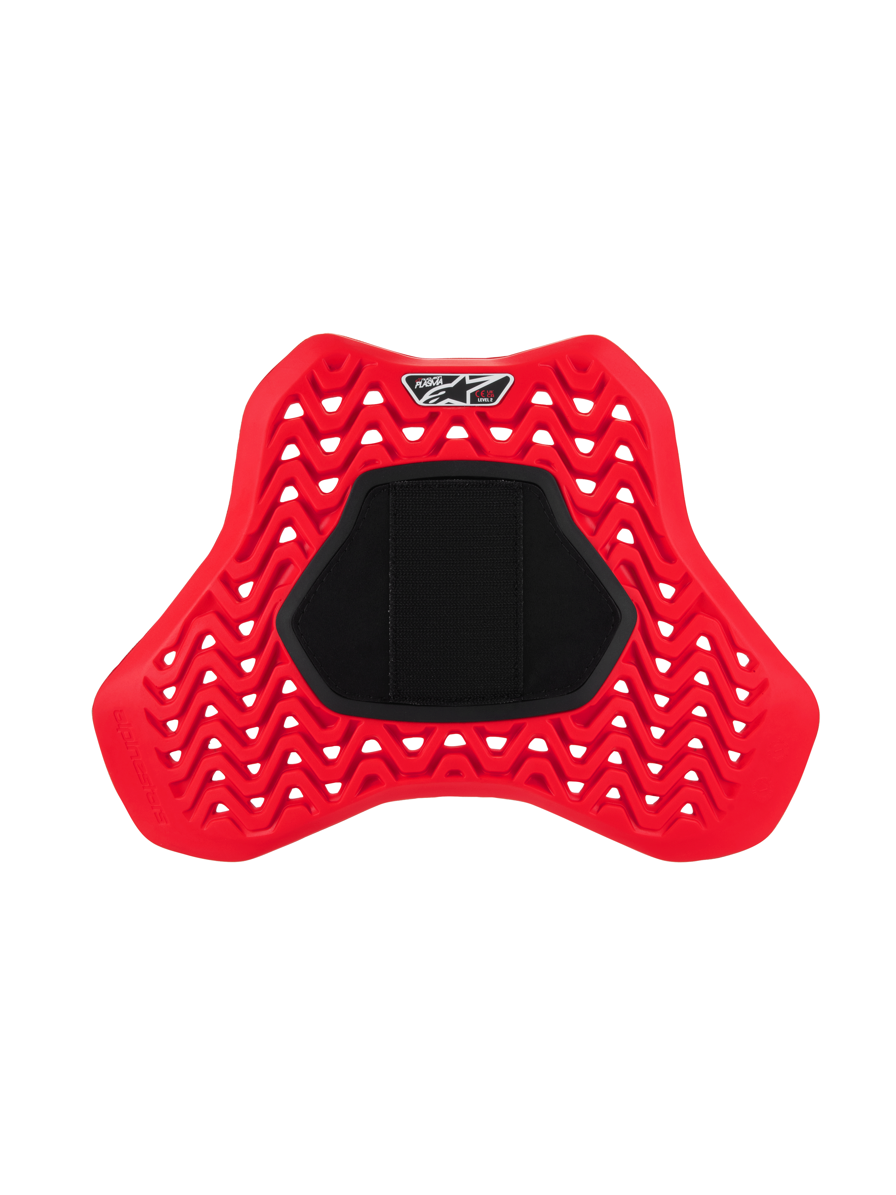 Alpinestars Nucleon Plasma Full Chest Protector Hook and Loop, czerwony i czarny, z perforowanym wzorem zygzak zapewniającym przepływ powietrza, duży czarny centralny panel z rzepem, ergonomiczna motocyklowa wkładka ochronna klatki piersiowej w kształcie tarczy zapewniająca ochronę przed uderzeniami