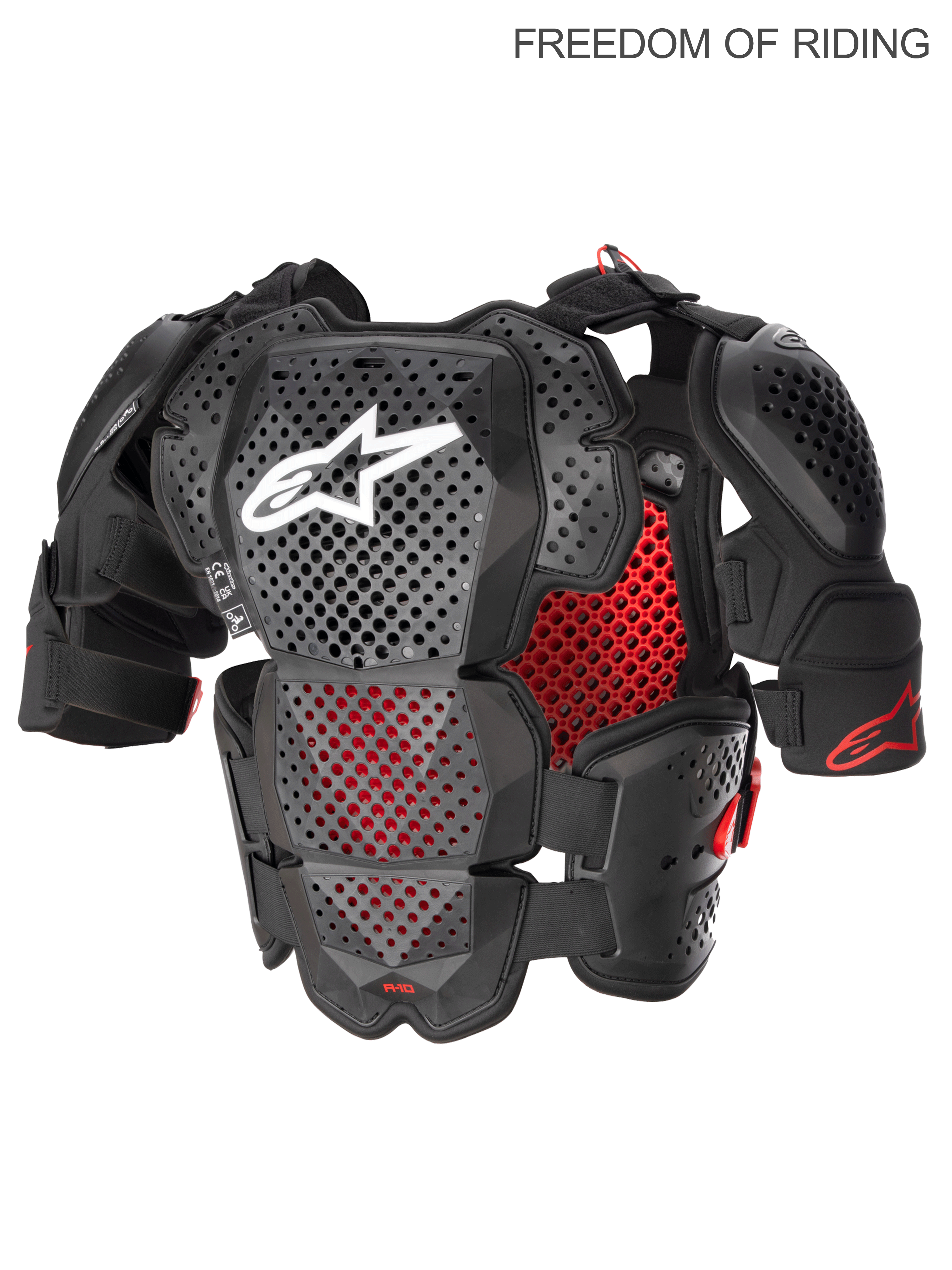 Alpinestars A-10 V2 Full Chest Protector, Motocross and Off-Road Body Armor for Men, Anthracite Black and Red, CE Level 2 Certified. Featuring Polyhedron Hybrid Technology for high ventilation, lightweight plastic shell with shoulder guards and ram air cooling channels.