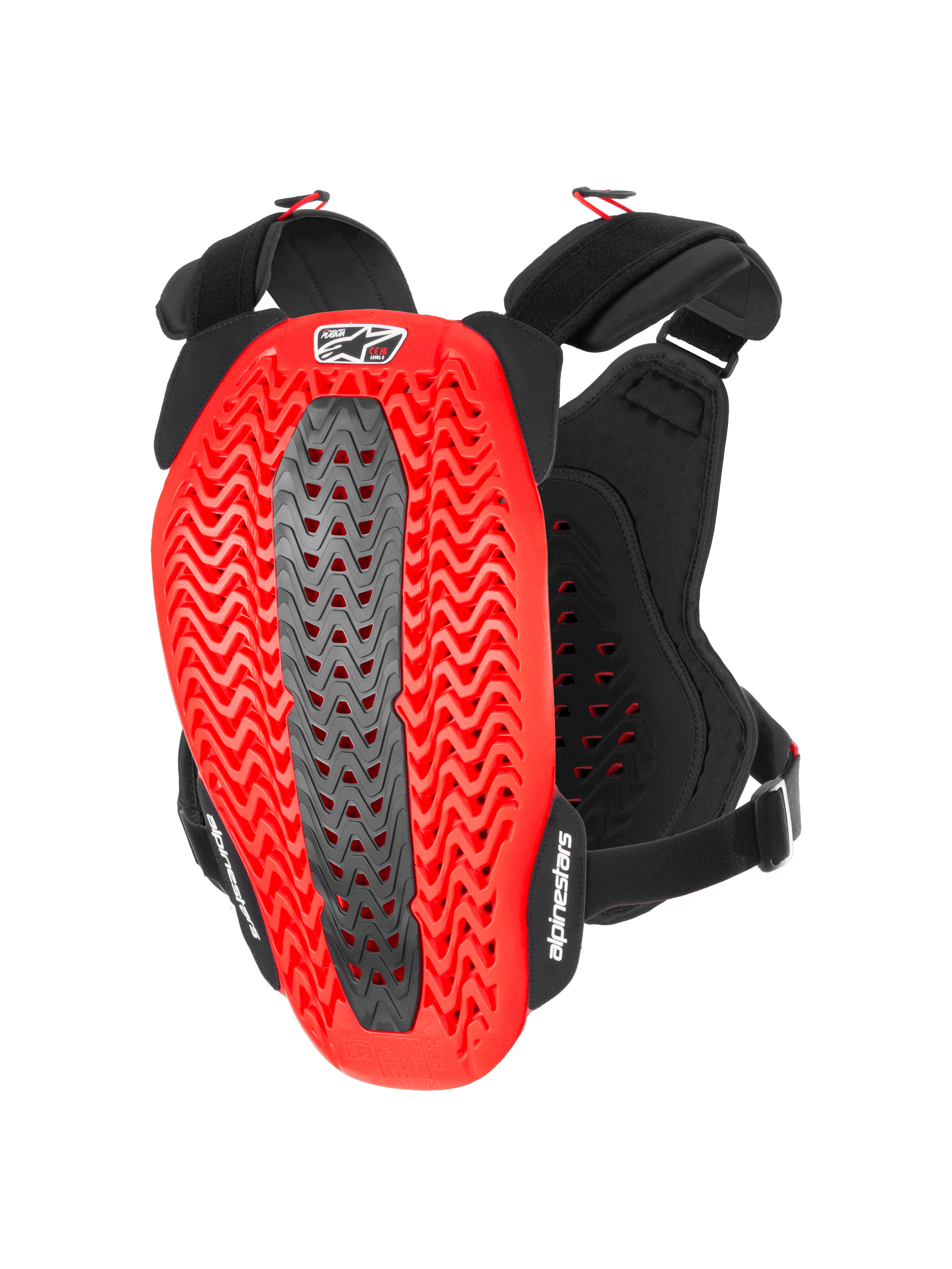 Alpinestars A-5 Plasma Chest Protector, Motorcycle Chest and Back Protector, Black and Red, back view showing red wavy perforated Nucleon PLASMA shell with a grey central zone, black adjustable straps with white logos, protective gear for motocross and off-road riding