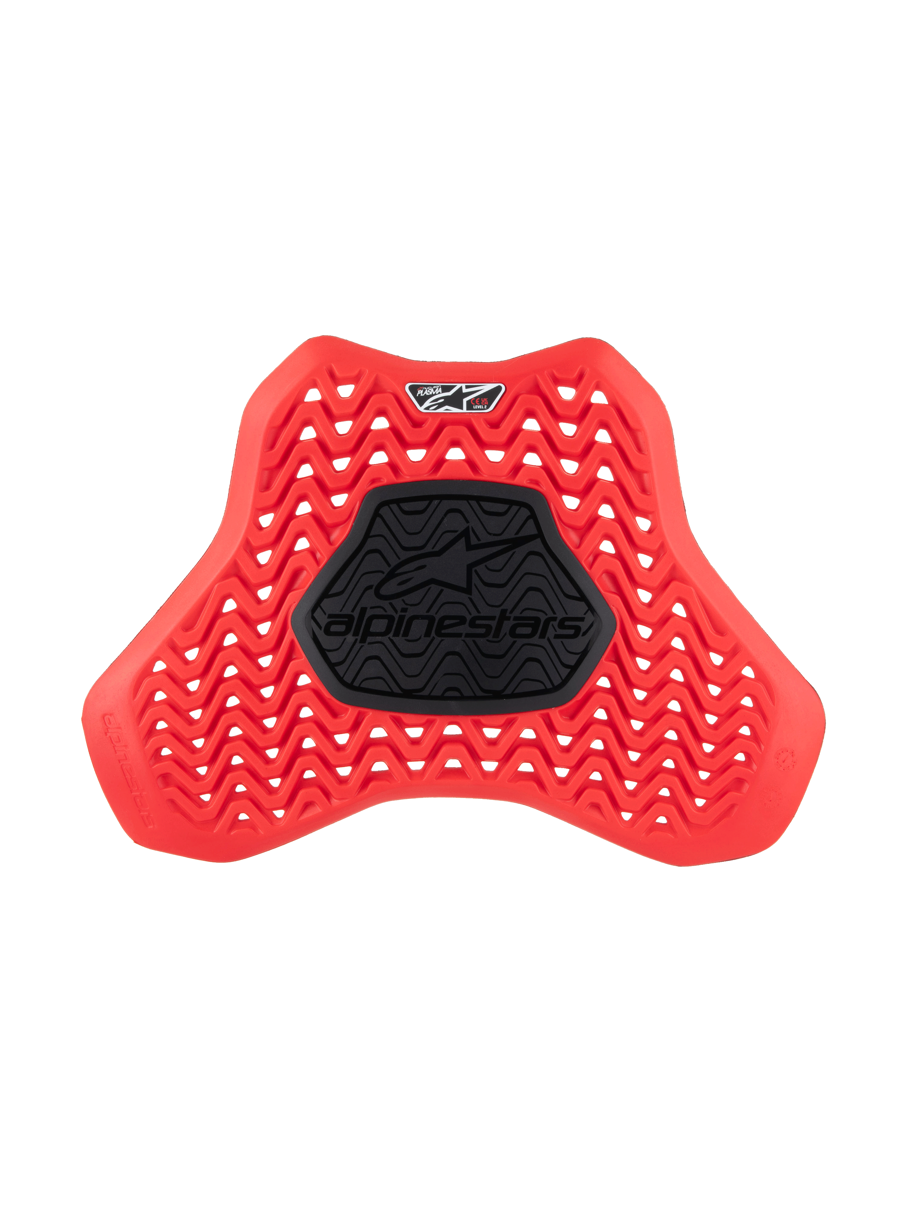 Alpinestars Nucleon Plasma Full Chest Protector Insert, motocyklowy ochraniacz klatki piersiowej, czerwony i czarny, z falistym, wentylowanym wzorem zapewniającym przepływ powietrza, centralna czarna półsztywna strefa z logo Alpinestars, ergonomiczna konstrukcja tarczy dla ochrony przed uderzeniami