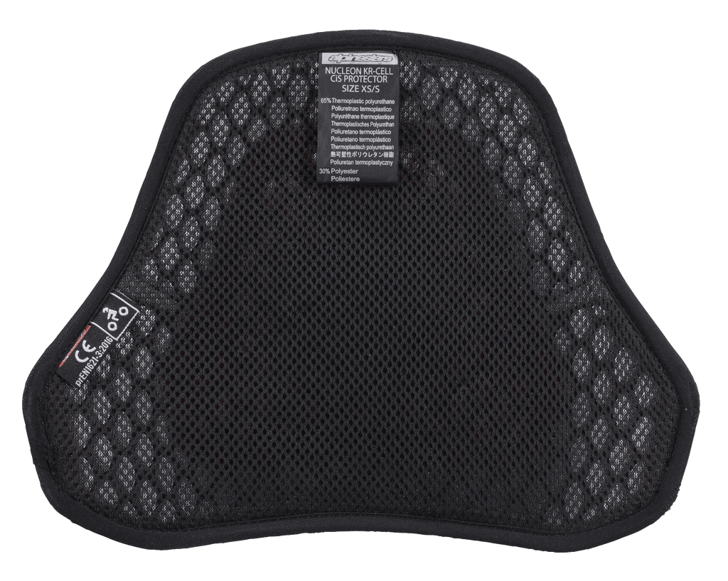 Alpinestars Nucleon KR Cell CiR Protectors, motocyklowy ochraniacz klatki piersiowej, czarne wnętrze z siatki airmesh o mikrostrukturze plastra miodu, z etykietą certyfikatu CE i miękką wyściółką zapewniającą oddychalność i komfort