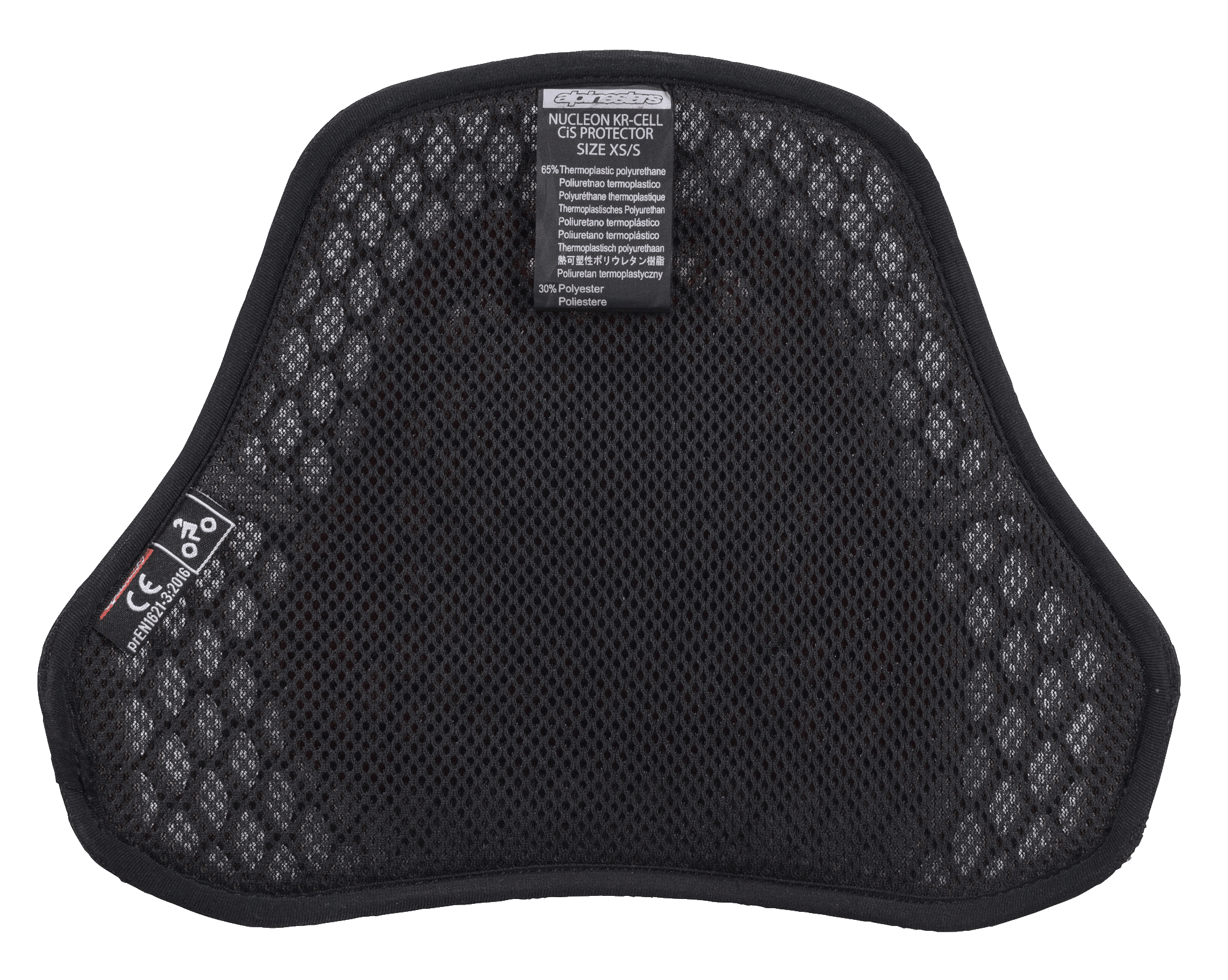 Alpinestars Nucleon KR Cell CiR Protectors, motocyklowy ochraniacz klatki piersiowej, czarne wnętrze z siatki airmesh o mikrostrukturze plastra miodu, z etykietą certyfikatu CE i miękką wyściółką zapewniającą oddychalność i komfort
