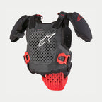 Alpinestars Youth A-5 S Chest Protector, ochraniacz klatki piersiowej do motocrossu, czarno-biało-czerwony, perforowana hybrydowa płyta przednia z białym logo gwiazdy, czerwone klamry szybkiego wypinania i wyściełane ochraniacze ramion do młodzieżowych wyścigów terenowych
