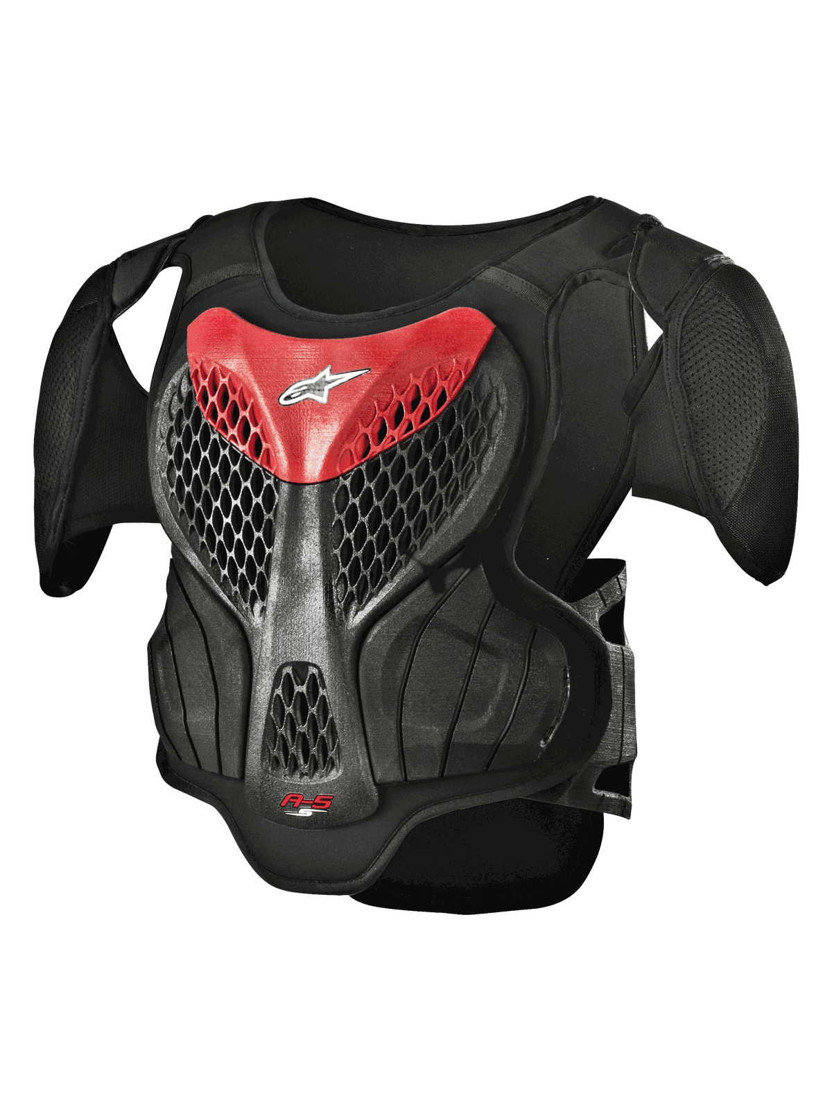Alpinestars Youth A-5 S Body Armour, ochraniacz klatki piersiowej do motocrossu, czarno-czerwony, konstrukcja z heksagonalnej siatki, wyściełane ramiona, lekka ochrona dla młodych motocyklistów