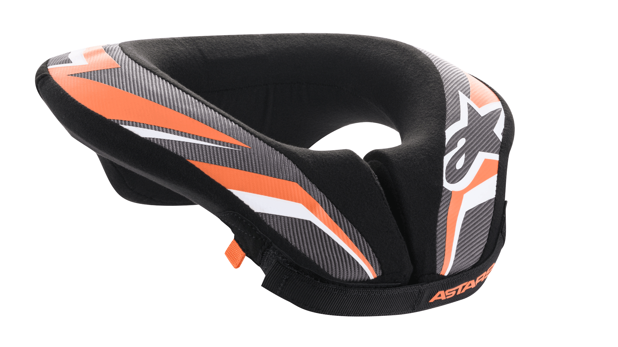 Alpinestars Youth Sequence Neck Roll, Motocross and MTB Neck Brace, Black Anthracite and Orange, padded U-shape design with extended tail for stability, protective gear for youth riders, featuring white Alpinestars logo