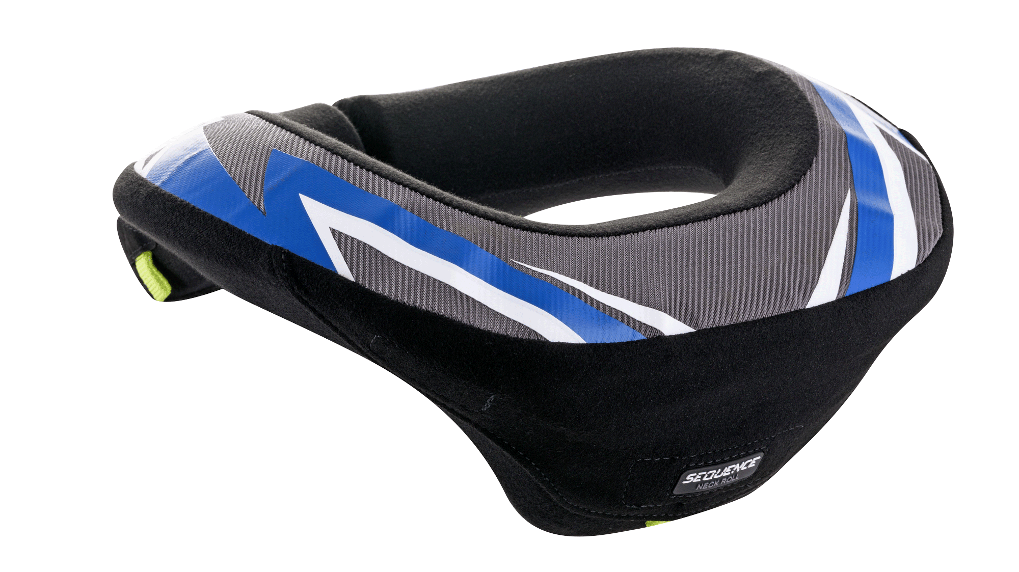 Alpinestars Youth Sequence Neck Roll, kołnierz ochronny, czarny, antracytowy i niebieski, ergonomiczna konstrukcja z wydłużonym tyłem dla stabilności, szare teksturowane panele z niebieskimi i białymi akcentami graficznymi, miękka czarna wyściółka, zaprojektowany dla bezpieczeństwa młodzieży w motocrossie i kartingu