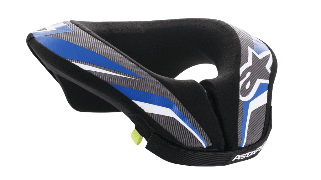 Alpinestars Youth Sequence Neck Roll, młodzieżowy ochraniacz szyi motocrossowy, czarny antracyt i niebieski, ergonomiczna wyściełana konstrukcja, niebiesko-szare wzorzyste panele, białe akcenty, logo Alpinestars, miękka wyściółka wewnętrzna zapewniająca komfort