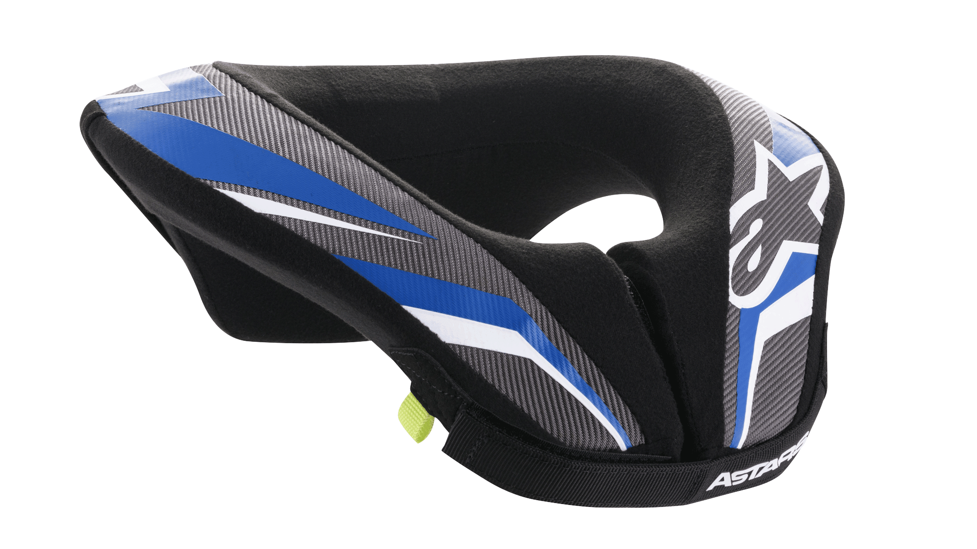 Alpinestars Youth Sequence Neck Roll, młodzieżowy ochraniacz szyi motocrossowy, czarny antracyt i niebieski, ergonomiczna wyściełana konstrukcja, niebiesko-szare wzorzyste panele, białe akcenty, logo Alpinestars, miękka wyściółka wewnętrzna zapewniająca komfort