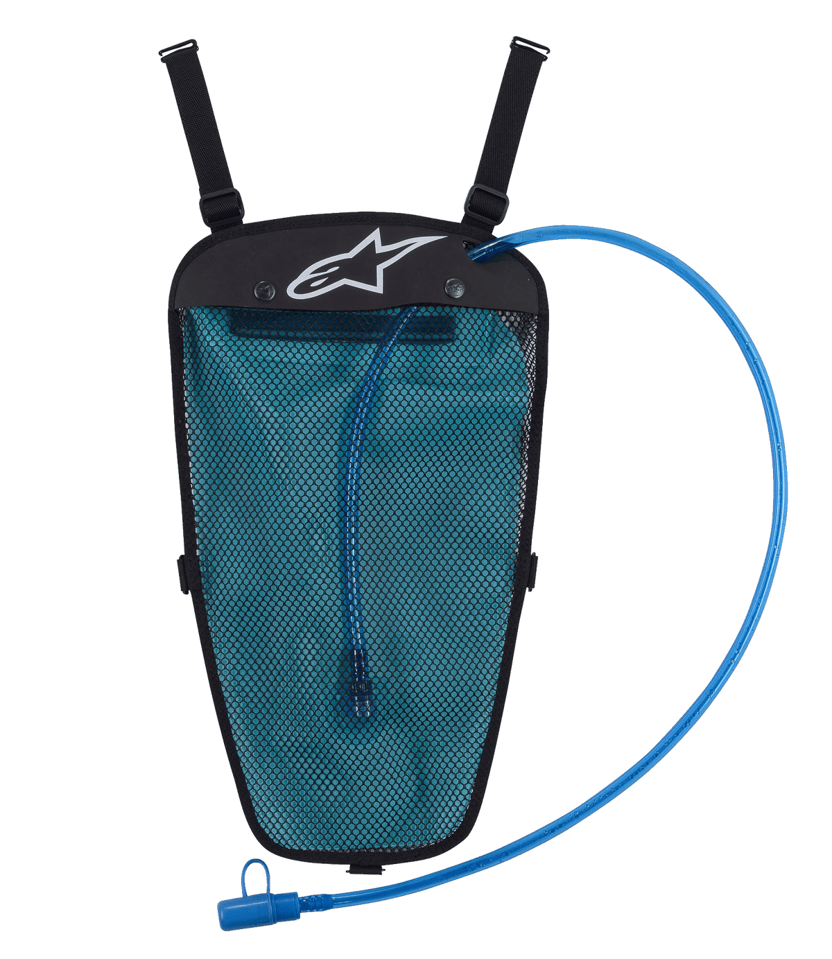 Alpinestars Hydration Pack, czarno-niebieski zestaw hydratacyjny, bukłak na wodę o pojemności 1,5 l w siatkowej kieszeni, niebieski wężyk z ustnikiem, białe logo Astar, regulowane paski do integracji z kurtką, zaprojektowany do jazdy off-road i adventure
