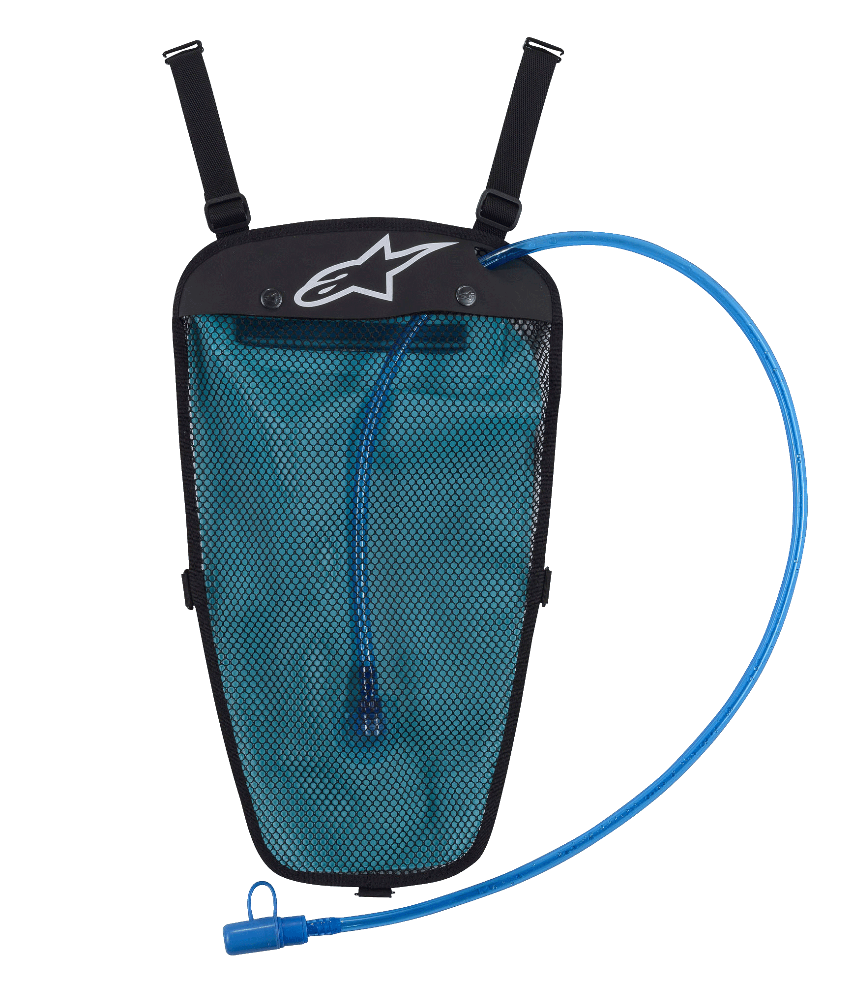 Alpinestars Hydration Pack, czarno-niebieski zestaw hydratacyjny, bukłak na wodę o pojemności 1,5 l w siatkowej kieszeni, niebieski wężyk z ustnikiem, białe logo Astar, regulowane paski do integracji z kurtką, zaprojektowany do jazdy off-road i adventure