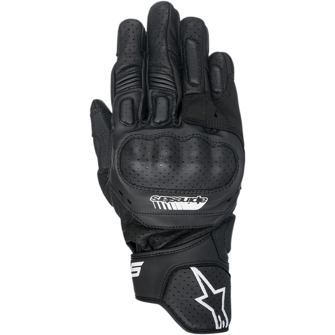 Alpinestars SP-5 Gloves, motocyklowe rękawice wyścigowe, czarne, perforowana skóra ze zintegrowaną polimerową ochroną kłykci, wyściełane palce, białe logo Alpinestars na mankiecie, krótki mankiet, sportowy design