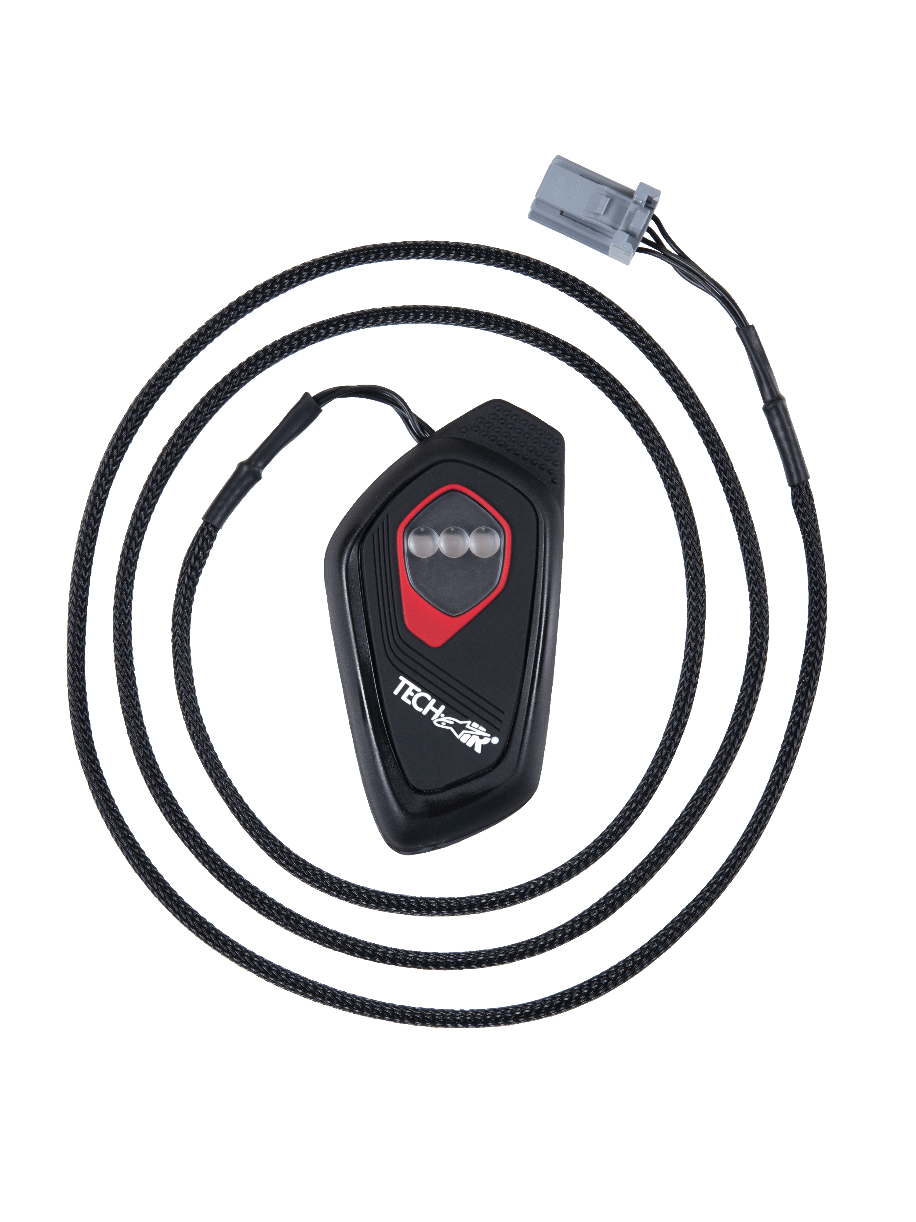 Alpinestars Tech-Air® 7X LED Display, czarna elektroniczna jednostka sterująca w kształcie łezki z czerwoną obwódką, trzy okrągłe wskaźniki LED, pleciony przewód z szarym złączem, moduł wyświetlacza motocyklowego systemu poduszki powietrznej