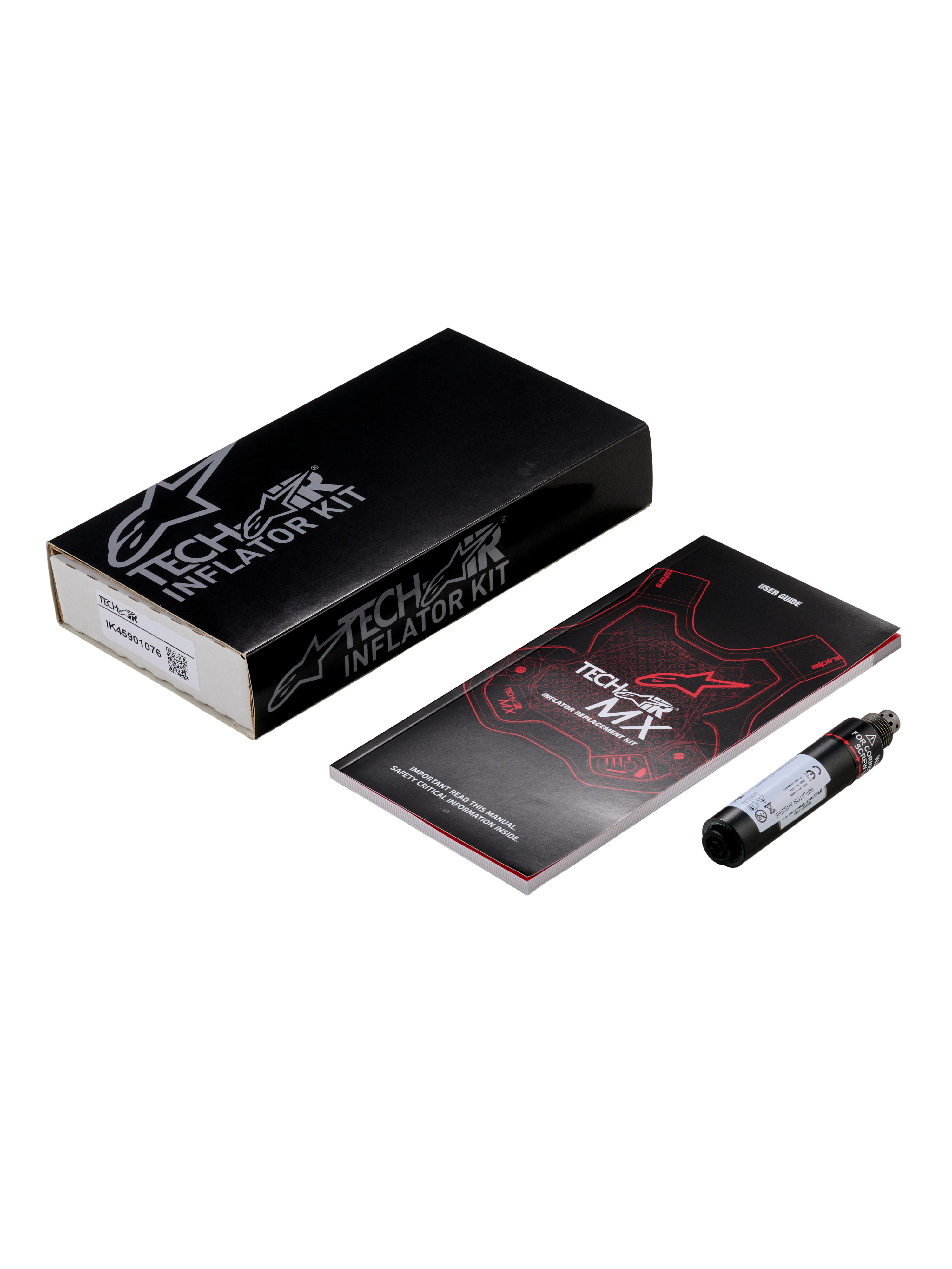 Alpinestars Tech-Air® MX Airbag System Replacement Canister kit, czarny cylindryczny nabój inflatora argonowego, instrukcja obsługi z czerwono-białą grafiką, czarne pudełko sprzedażowe z białym logo, niezbędny sprzęt do konserwacji motocyklowych systemów poduszek powietrznych.