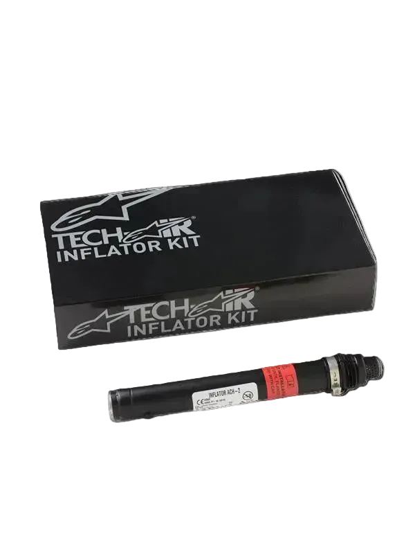 Alpinestars Tech-Air® 3 V2 Airbag System Replacement Canister, zestaw napełniający Tech-Air Type III, pojedynczy czarny nabój z argonem z białą etykietą i czerwoną opaską ostrzegawczą, widoczny z czarnym markowym opakowaniem, niezbędny element serwisowy do motocyklowych poduszek powietrznych