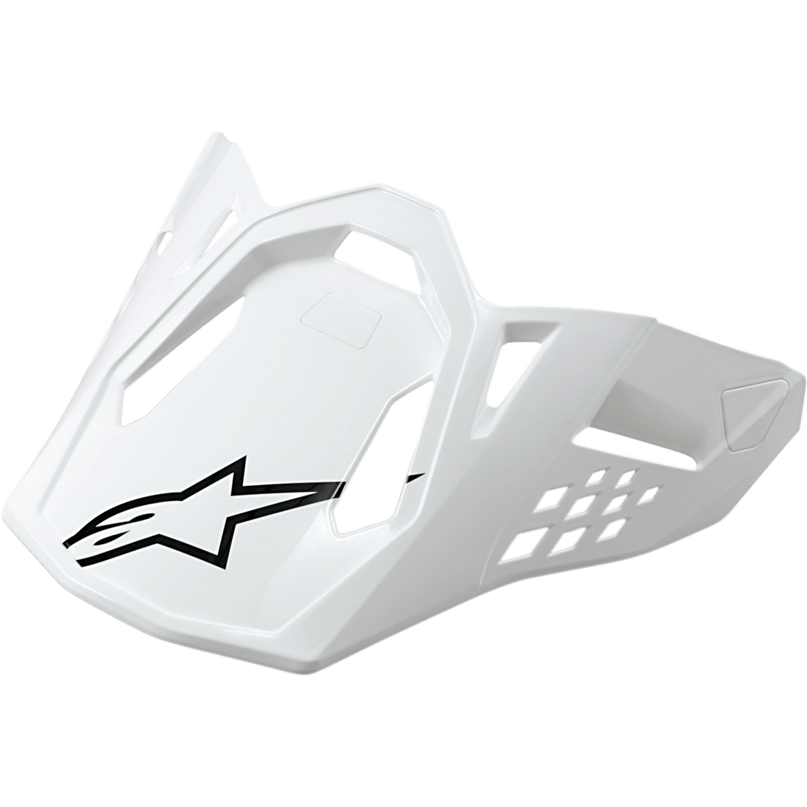 Alpinestars Supertech M10/M8 Visor, daszek do kasku motocyklowego, biały błyszczący z czarnym logo gwiazdy, kanciasty design z wycięciami wentylacyjnymi, aerodynamiczna konstrukcja