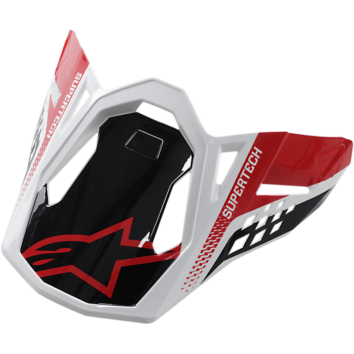 Alpinestars S-M8 Helmet Visor Triple, akcesorium do kasku motocrossowego, czarny, czerwony i biały, branding SUPERTECH i czerwone logo Alpinestars, kanciasty design geometryczny, błyszczące wykończenie, zamienny daszek do kasku terenowego Supertech M8