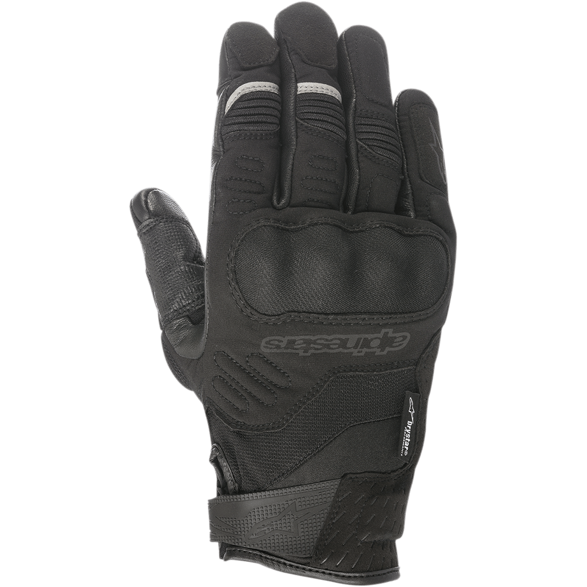 Alpinestars C-30 Drystar®, czarne rękawice motocyklowe, twarde formowane ochraniacze kostek, konstrukcja z elastycznej tkaniny i softshellu, pasek na rzep na nadgarstku, subtelne szare odblaskowe akcenty na palcach