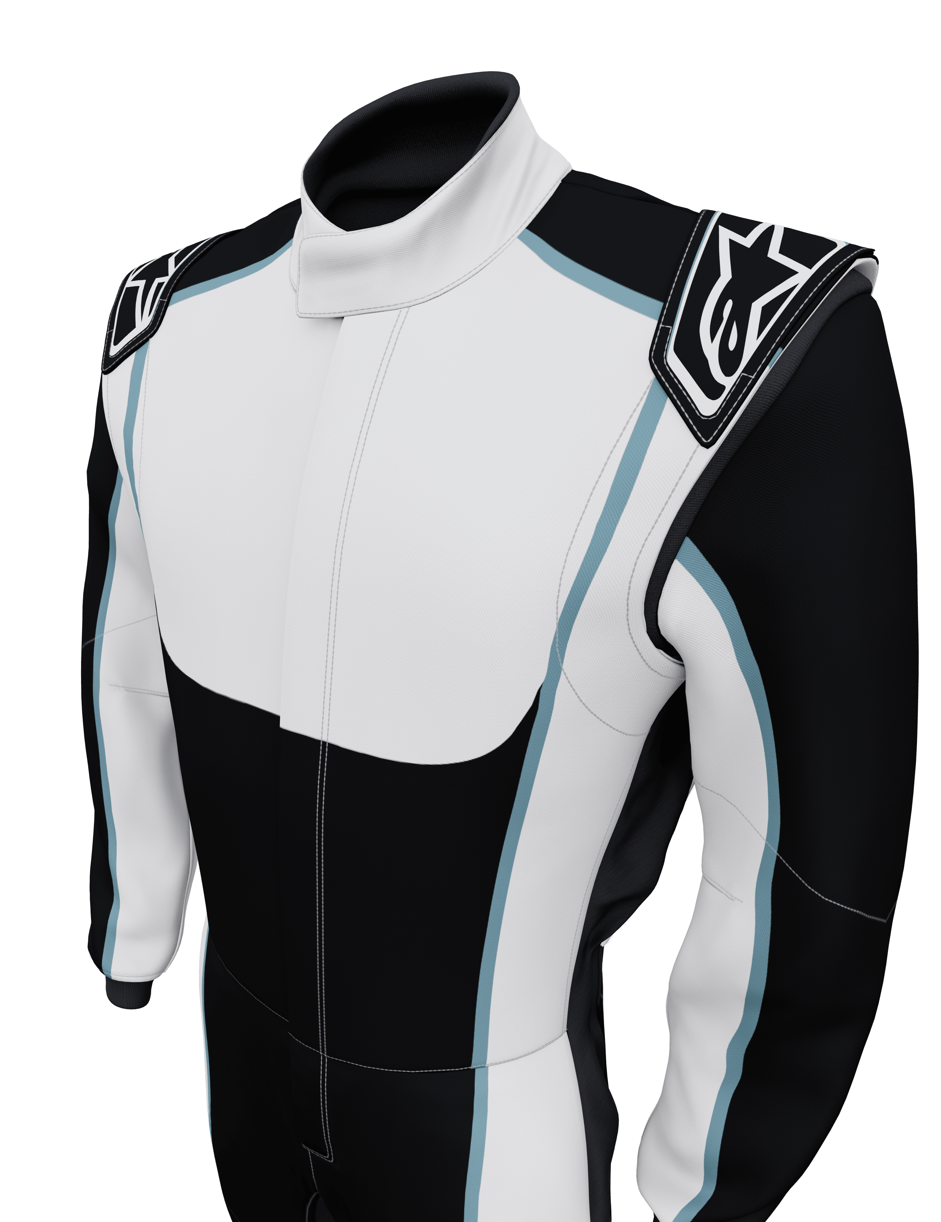 Alpinestars Tech Vision V3, kombinezon custom z dostosowaną długością, samochodowy kombinezon wyścigowy, biały i czarny z niebieskimi detalami, certyfikat FIA