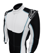 Alpinestars Tech Vision V3 Szyty Na Miary, czarno-biały kombinezon wyścigowy, niebieskie detale, certyfikat FIA.