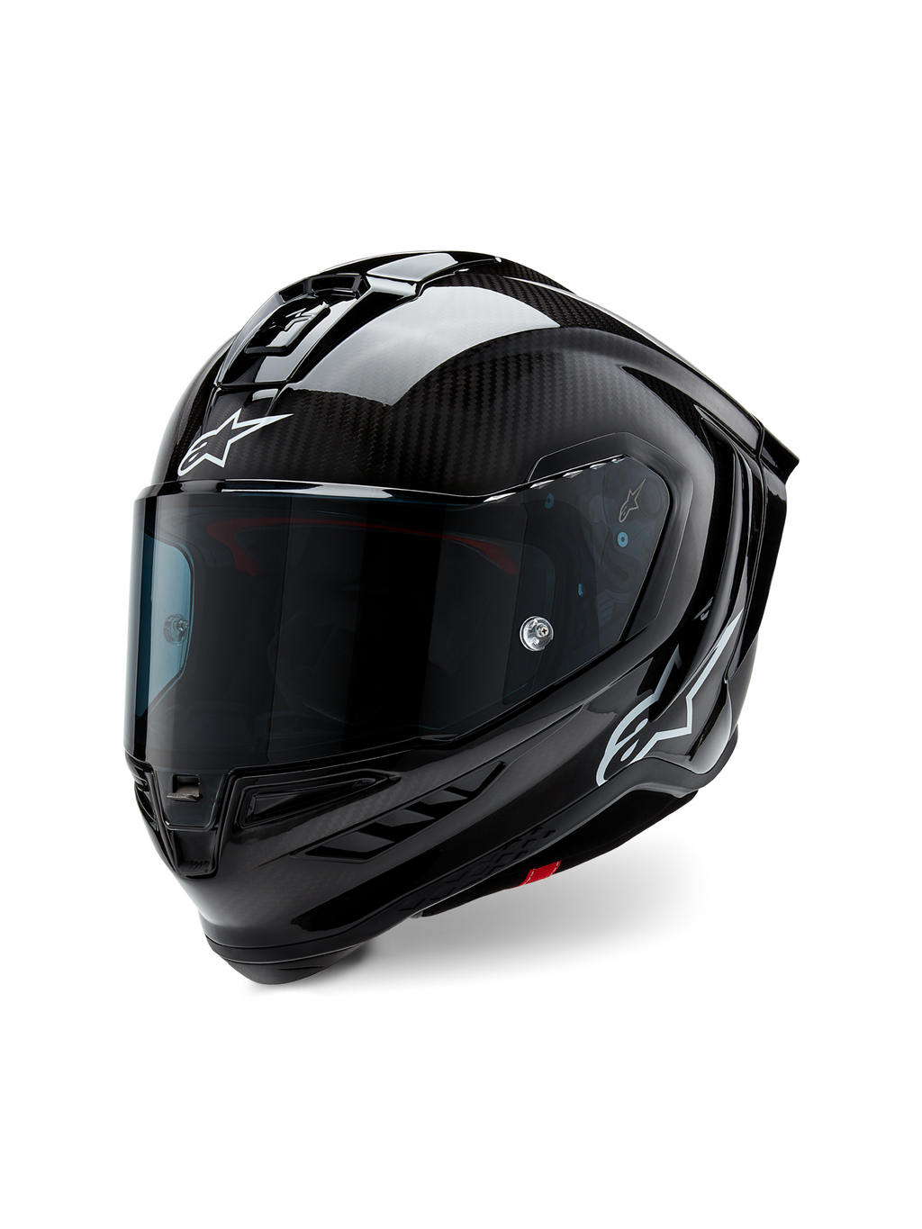 Kask Alpinestars Supertech R10 Solid, motocyklowy kask wyścigowy, czarny karbon matowy i błyszczący, widoczny splot włókna węglowego, ciemny wizjer, białe logo Astars, aerodynamiczny design