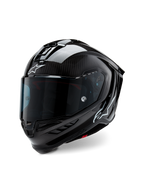 Kask Alpinestars Supertech R10 Solid, motocyklowy kask wyścigowy, czarny karbon matowy i błyszczący, widoczny splot włókna węglowego, ciemny wizjer, białe logo Astars, aerodynamiczny design