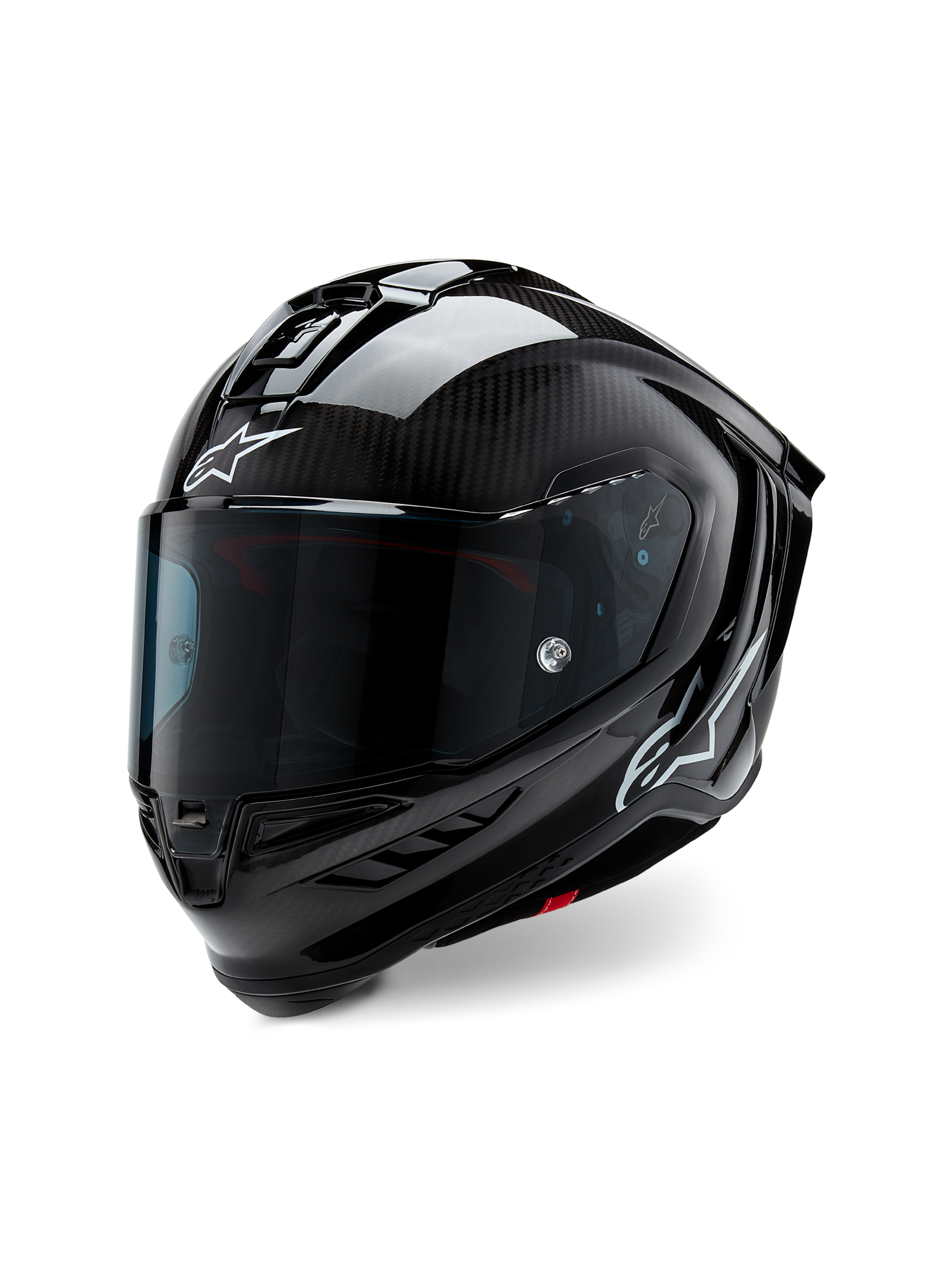 Kask Alpinestars Supertech R10 Solid, motocyklowy kask wyścigowy, czarny karbon matowy i błyszczący, widoczny splot włókna węglowego, ciemny wizjer, białe logo Astars, aerodynamiczny design