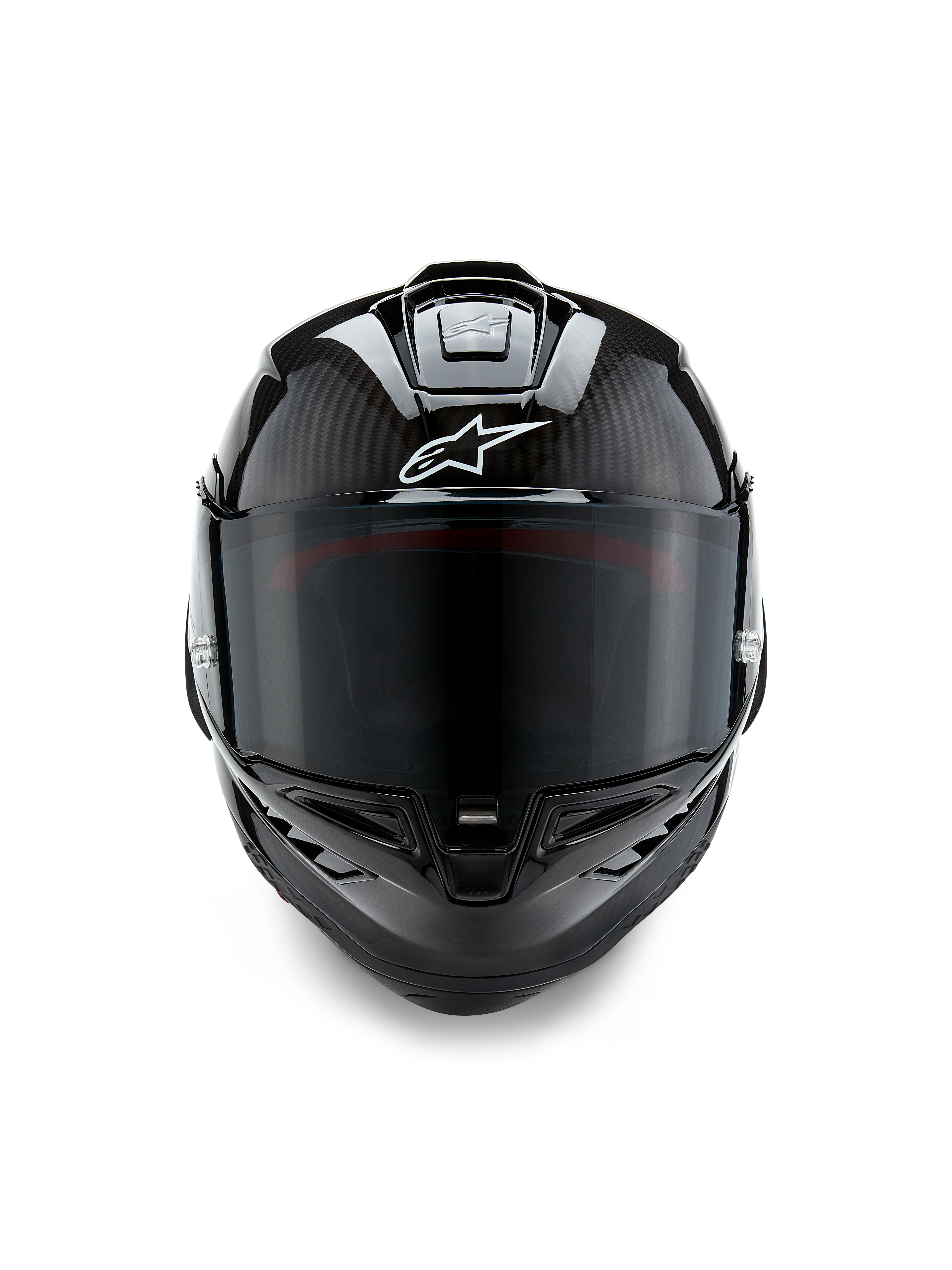 Kask Alpinestars Supertech R10 Solid, widok z przodu, czarny karbon w wykończeniu matowym i połyskującym, widoczny splot włókna węglowego, białe logo Alpinestars, ciemny dymiony wizjer, aerodynamiczny wyścigowy kask motocyklowy