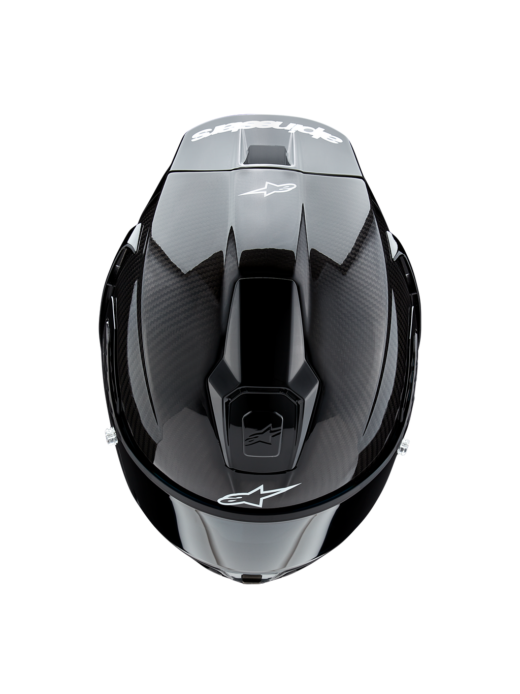 Kask Alpinestars Supertech R10 Solid, widok z góry, czarny karbon matowy i błyszczący, widoczna tekstura włókna węglowego po bokach, błyszcząca sekcja środkowa, aerodynamiczne otwory wentylacyjne oraz białe logo Alpinestars z przodu i z tyłu