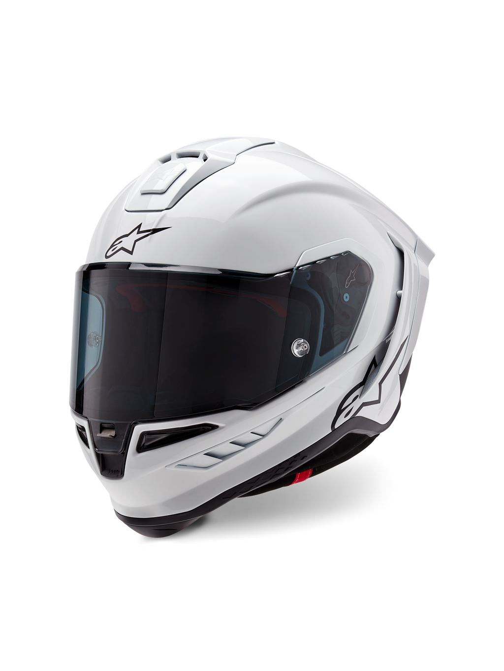Alpinestars Supertech R10 Solid Helmet, integralny kask wyścigowy, biały błyszczący z czarnymi akcentami, z ciemnym wizjerem, aerodynamiczną konstrukcją skorupy oraz logo Alpinestars z przodu i z boku