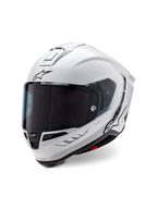Alpinestars Supertech R10 Solid Helmet, integralny kask wyścigowy, biały błyszczący z czarnymi akcentami, z ciemnym wizjerem, aerodynamiczną konstrukcją skorupy oraz logo Alpinestars z przodu i z boku