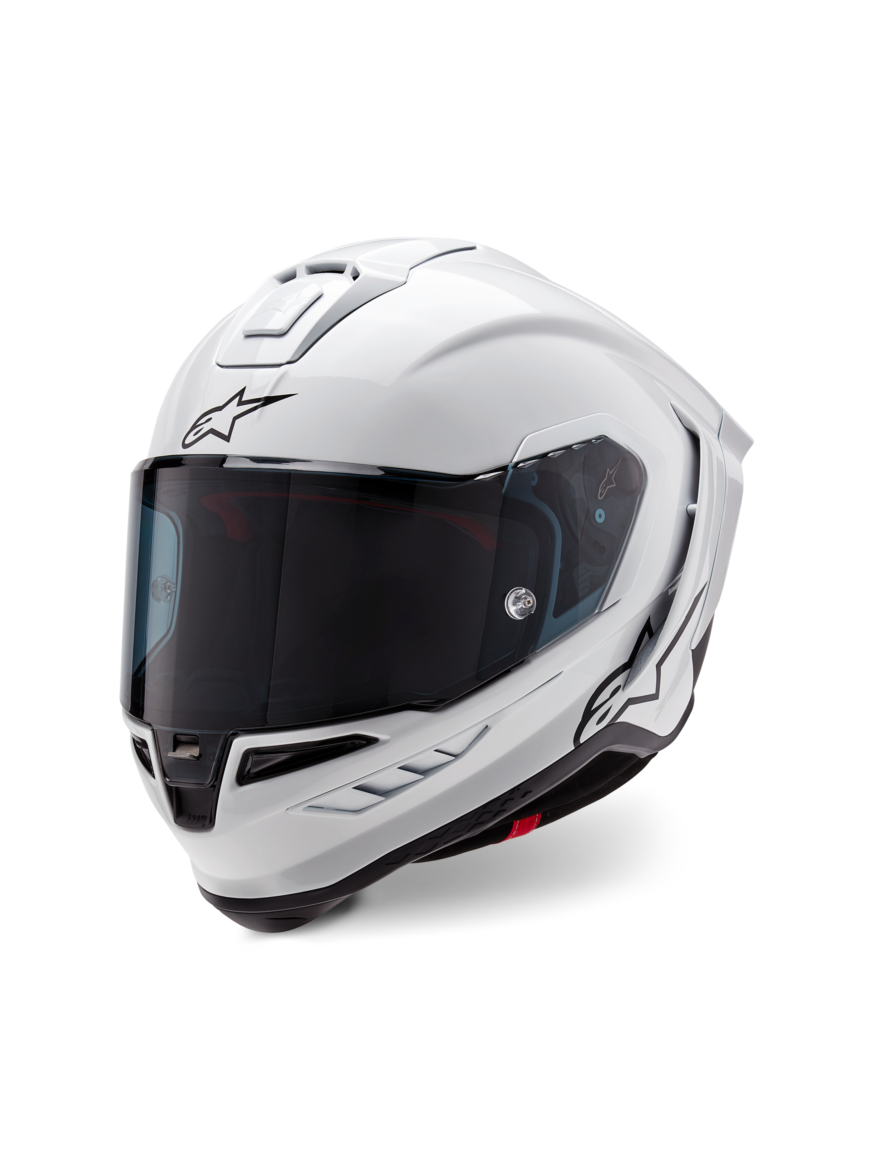 Alpinestars Supertech R10 Solid Helmet, integralny kask wyścigowy, biały błyszczący z czarnymi akcentami, z ciemnym wizjerem, aerodynamiczną konstrukcją skorupy oraz logo Alpinestars z przodu i z boku