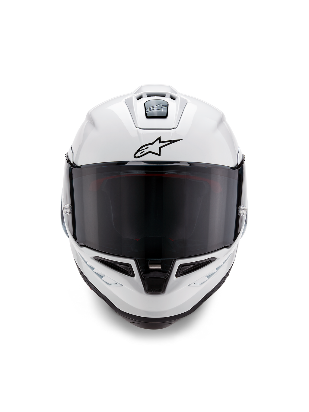 Alpinestars Supertech R10 Solid Helmet, wyścigowy kask typu full-face, biały błyszczący z czarnymi detalami, widok z przodu pokazujący ciemny wizjer, aerodynamiczny system wentylacji i czarne logo Astars