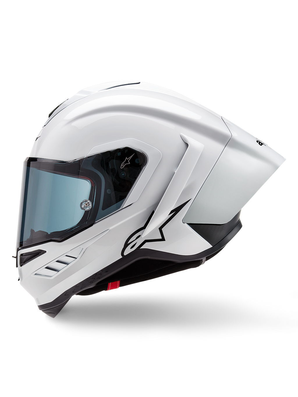 Kask Alpinestars Supertech R10 Solid, wyścigowy kask integralny, biały błyszczący i czarny matowy, widok z boku ze zintegrowanym spoilerem aerodynamicznym i przyciemnianym wizjerem, z czarnym logo gwiazdy Alpinestars.