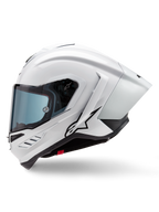 Kask Alpinestars Supertech R10 Solid, wyścigowy kask integralny, biały błyszczący i czarny matowy, widok z boku ze zintegrowanym spoilerem aerodynamicznym i przyciemnianym wizjerem, z czarnym logo gwiazdy Alpinestars.
